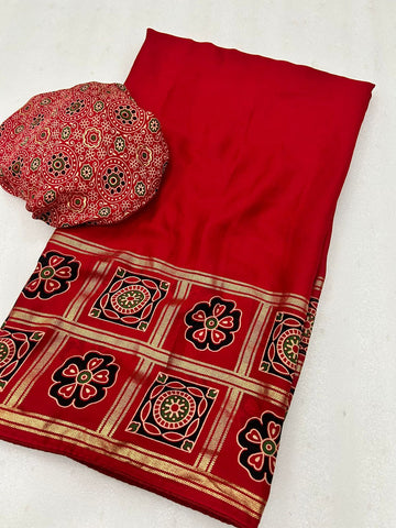 Ajrakh Sarees with Batik Print