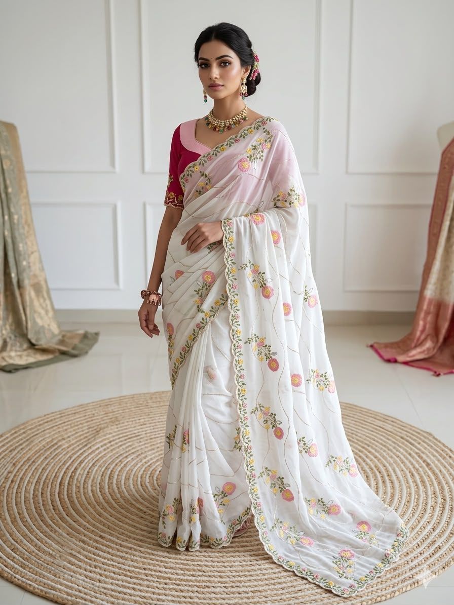 Georgette Sequence Work Saree With Contrast Blouse