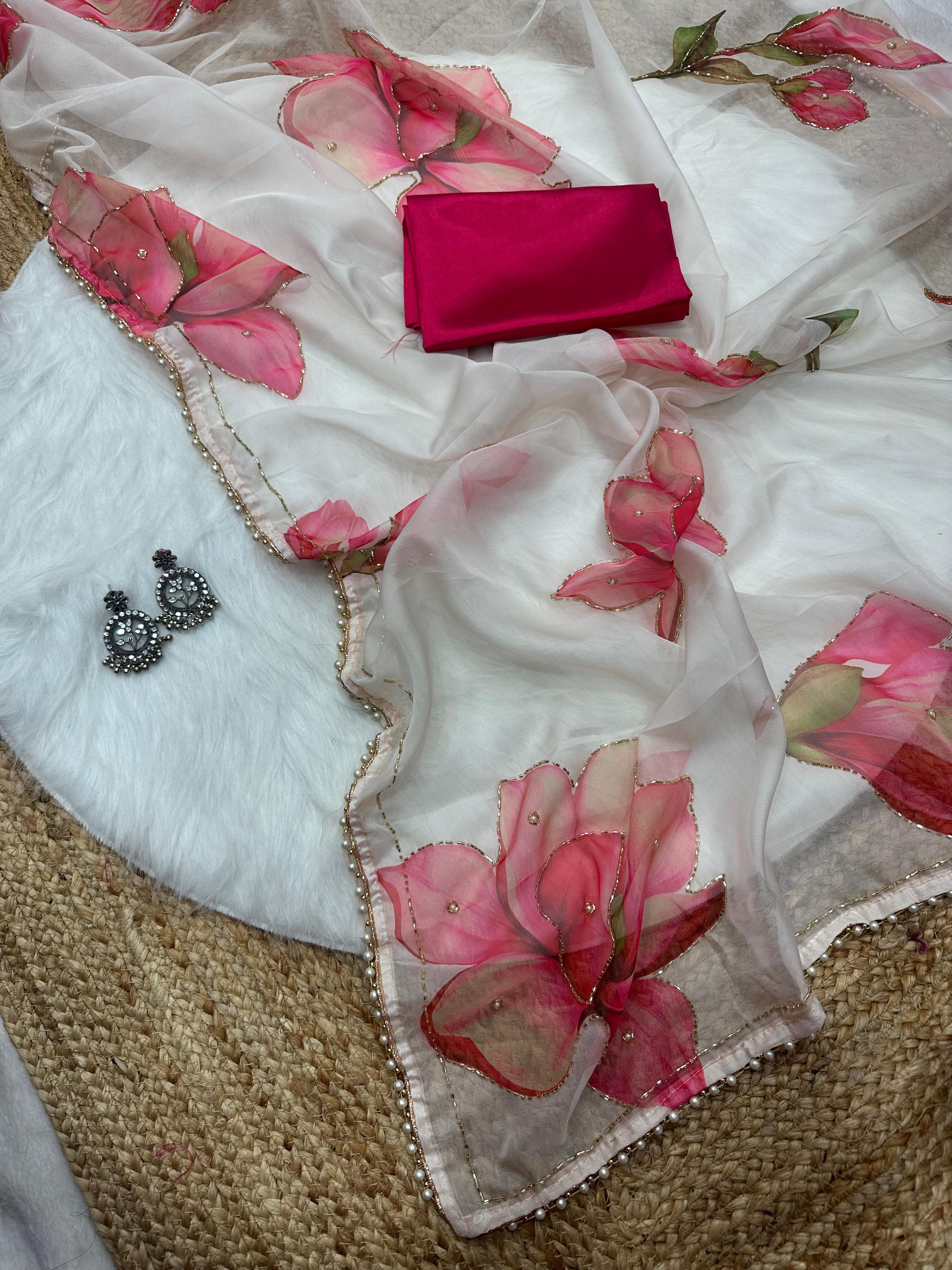 Georgette Silk with Designer Handwork Saree and Moti Lace Border