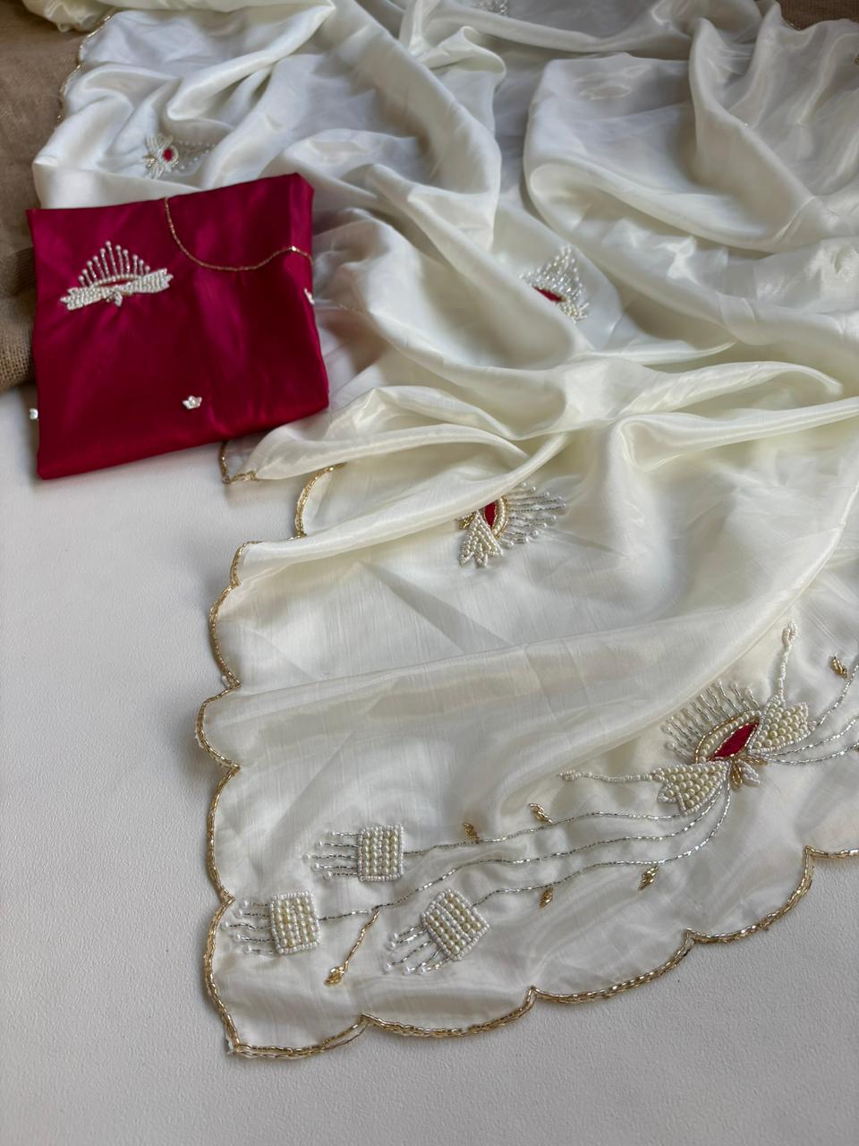 Designer Light Weight Moti Cutdana Handwork Sarees