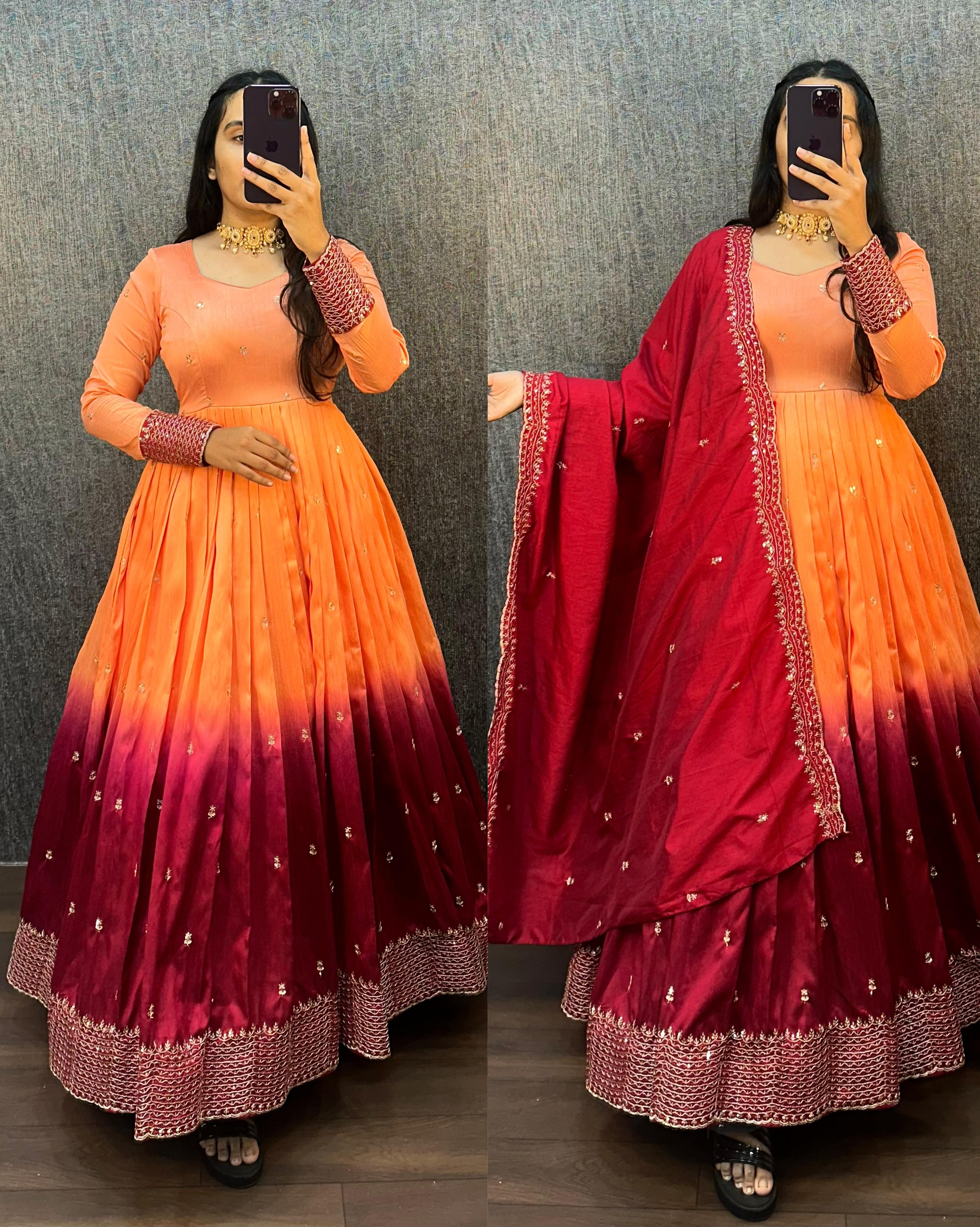 Beautiful Dual Shade Designer Long Frock with Dupatta