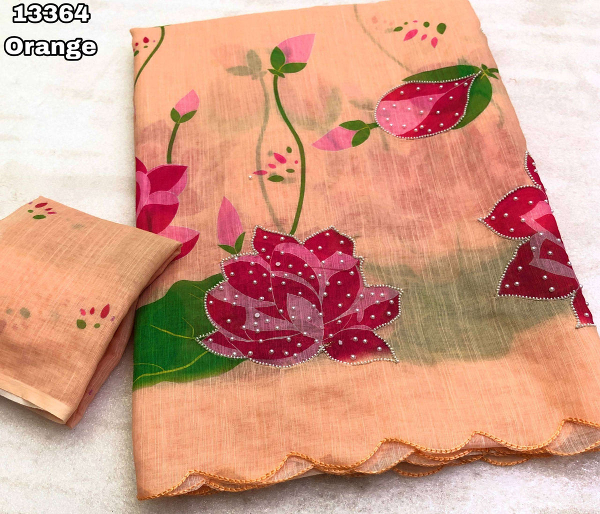 Soft Linen Lotus Design Digital Print Saree With Hand Moti Work Outing With Embroidery Scalloped Cutwork Border