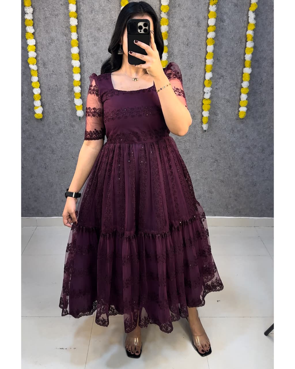 Beautiful Embroidery Sequence Work Frocks S-5XL