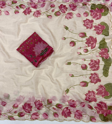 Soft Tebby Silk with Digital Floral Design with Beautiful Katdana Handwork