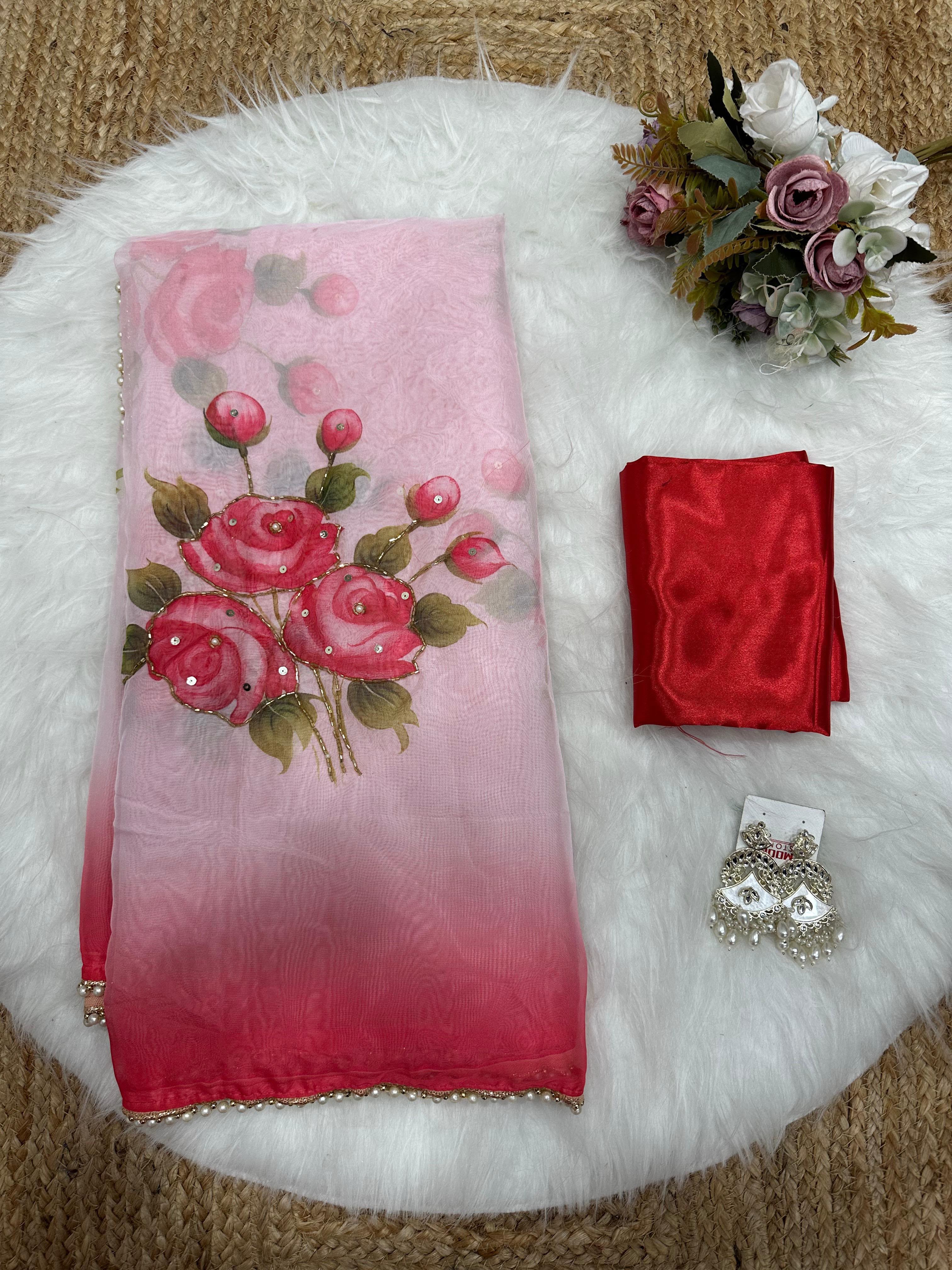 Tebby Silk Half Half Concept Saree with Designer Handwork and Moti Lace Border