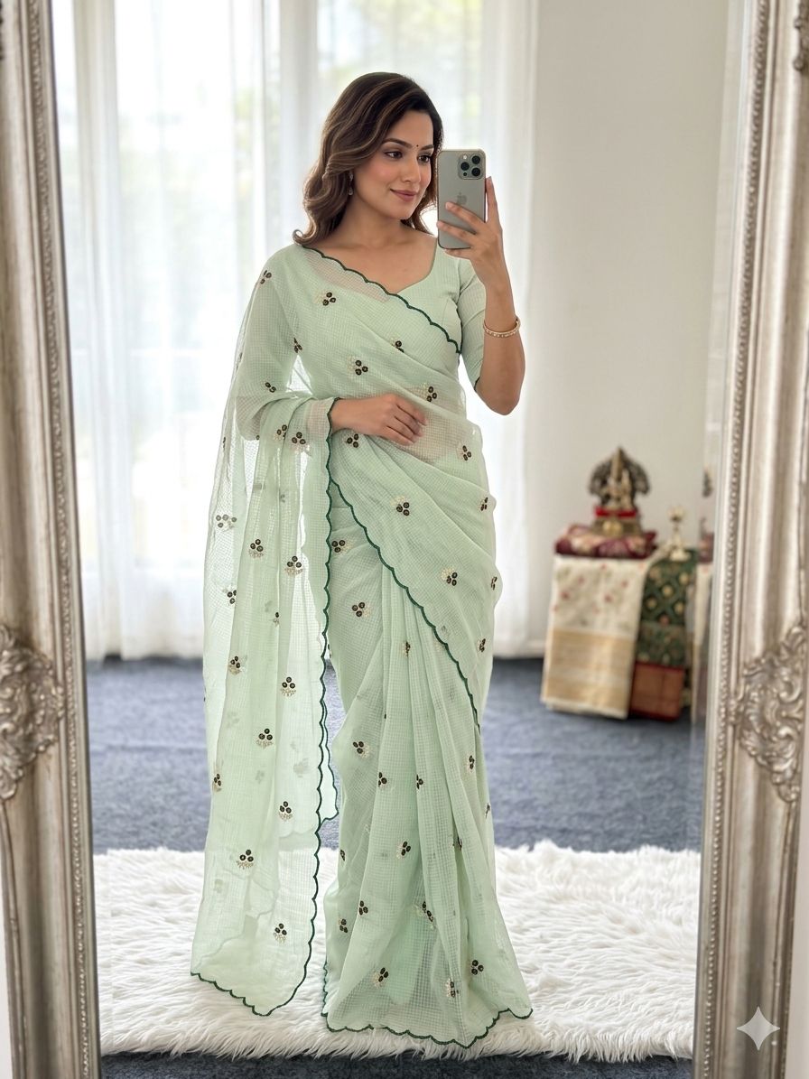 Soft Doria Checks Saree with Beautiful Embroidery all over Saree and Running Blouse with Work