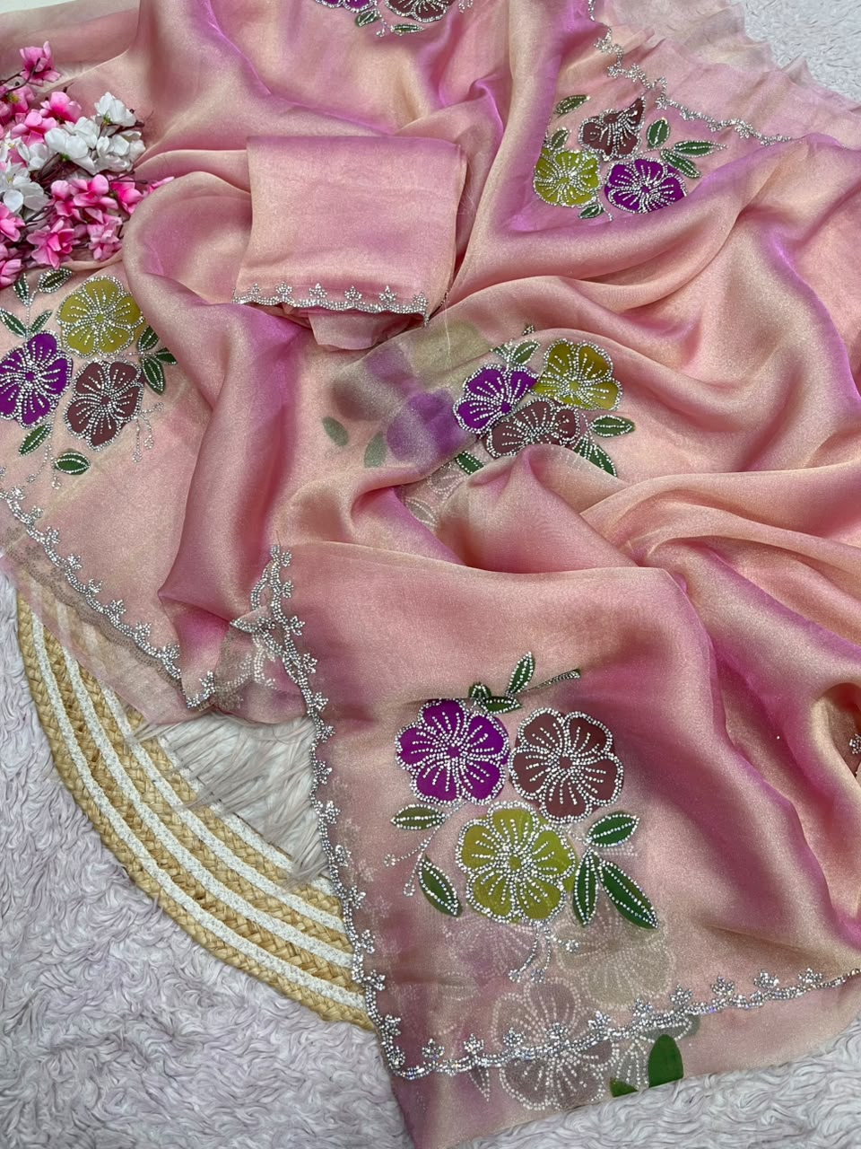 Beautiful Brush Print Saree with allover Jarkan Work