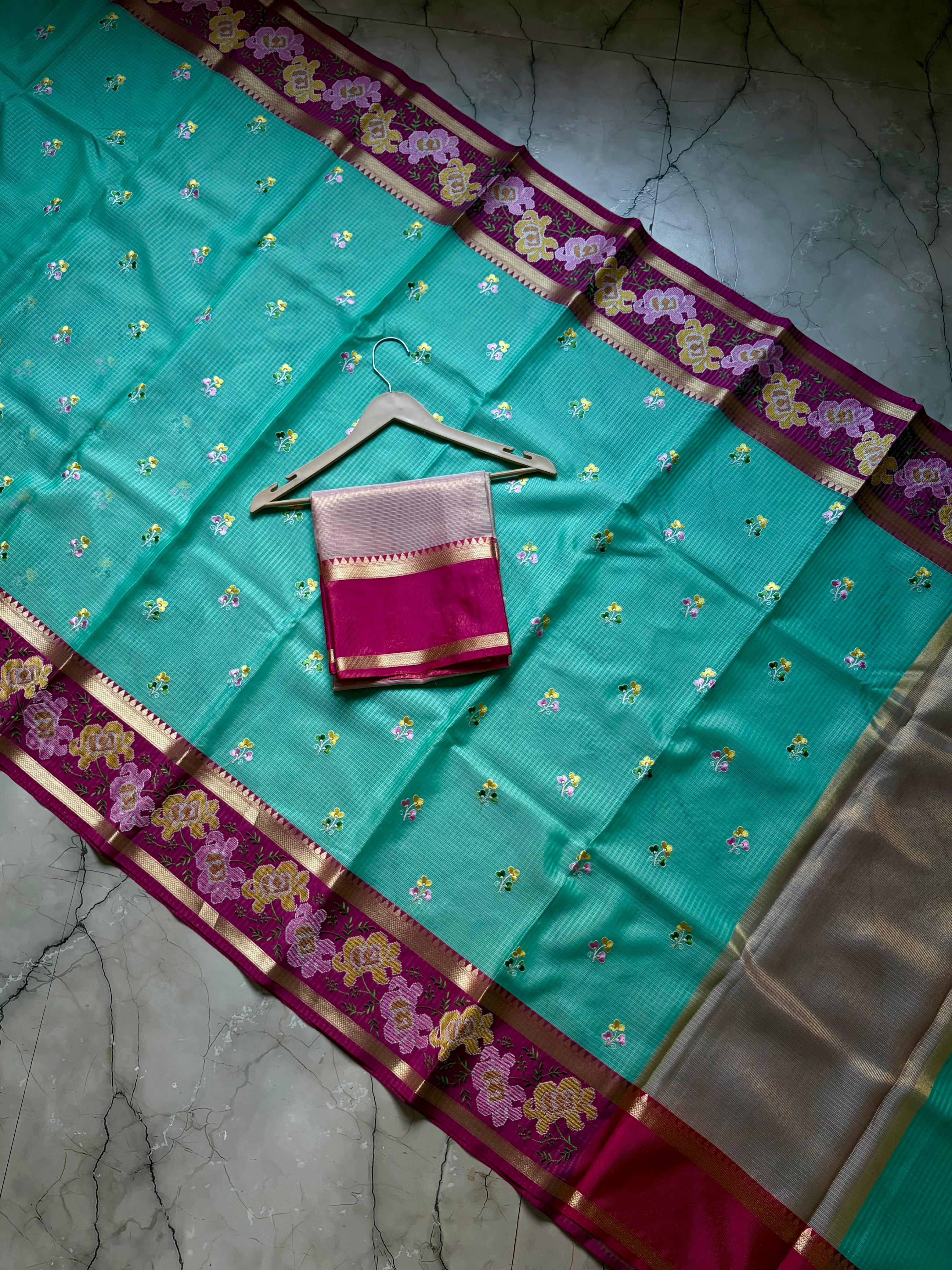 Banarasi Embroidery Pink Border Designer Kota Checks Sarees