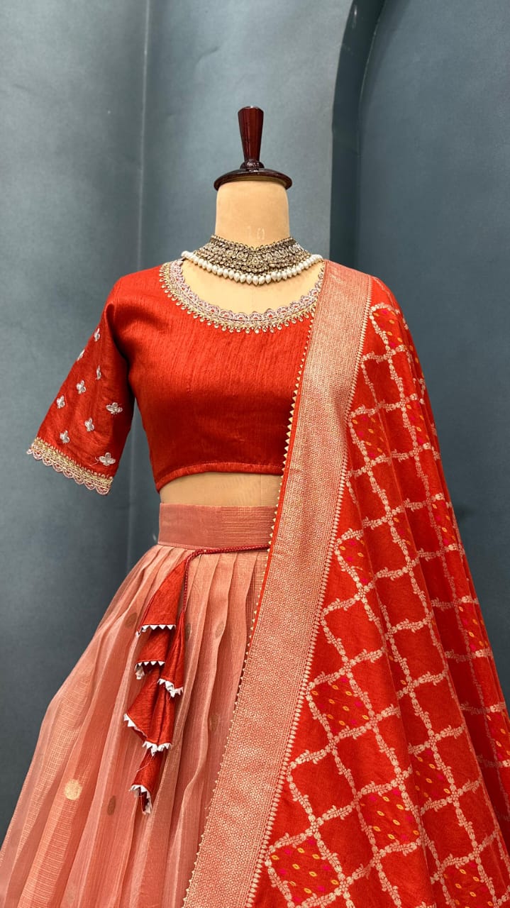 Full Stitched Luxurious Lehanga with Kota checks with Rich big Paithani jacquard border with Premium quality lace border attached with Canvas