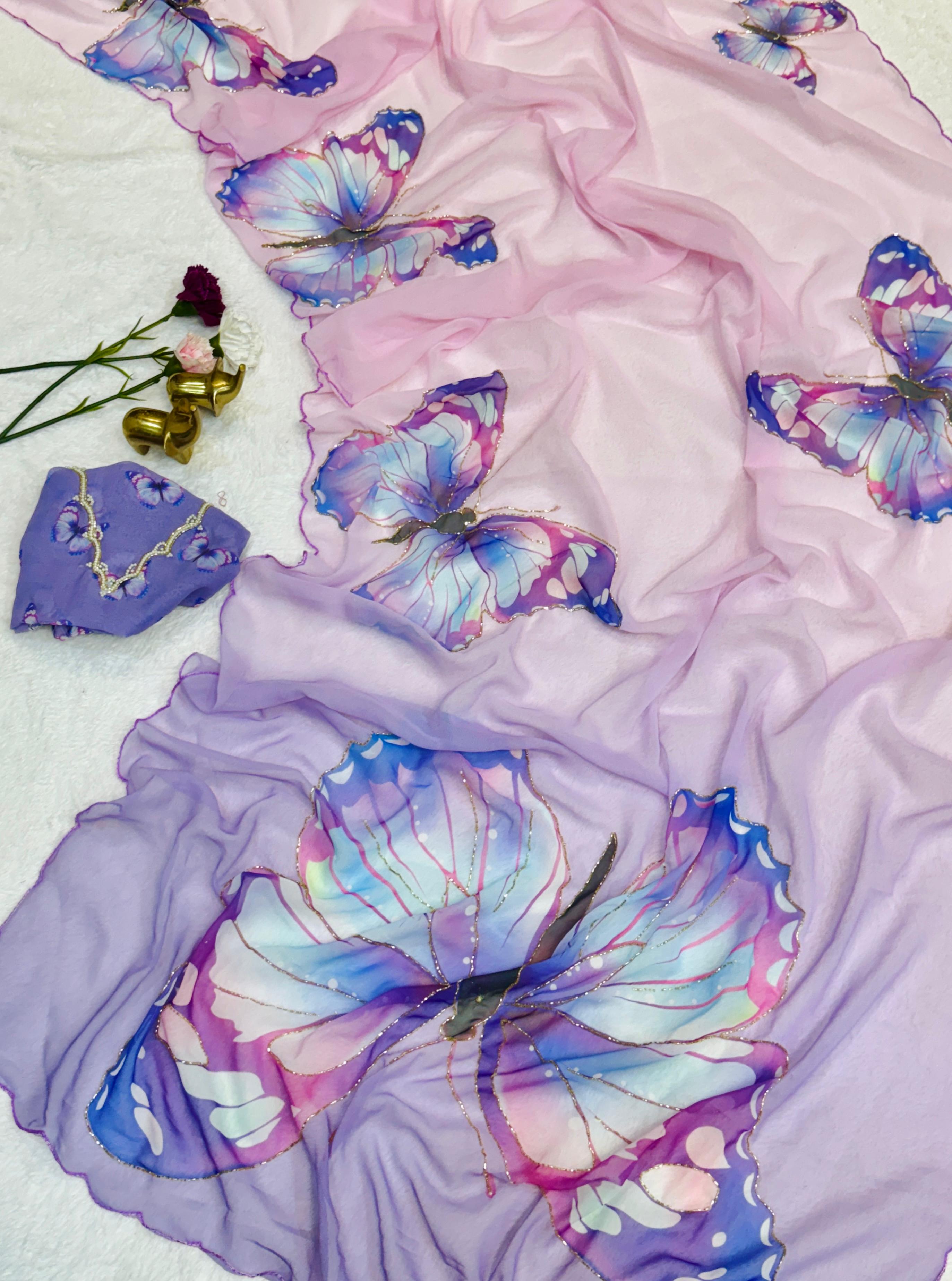 Chiffon Floral Digital Print with Beautiful Handwork and Arco Lace Border