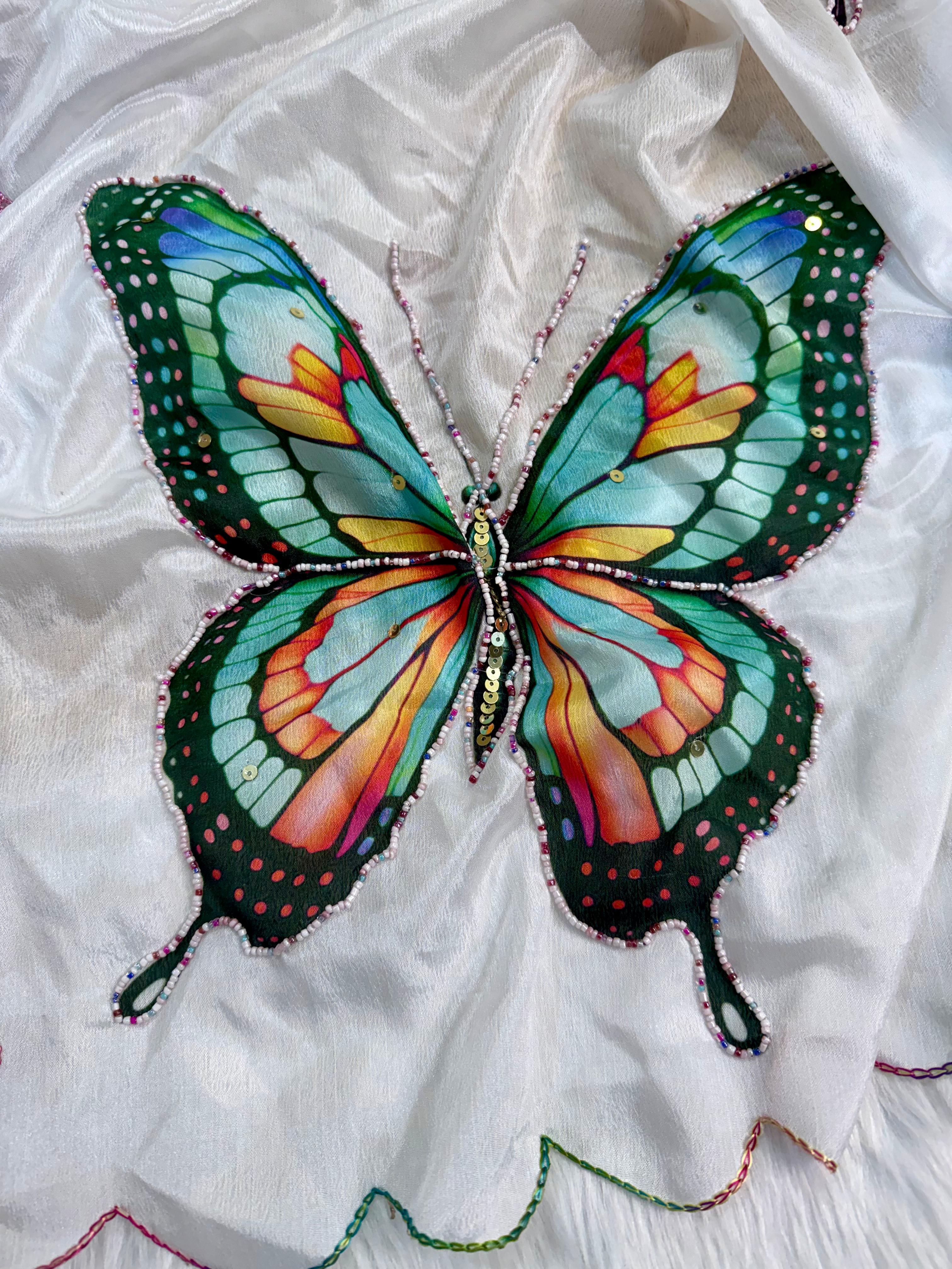 Beautiful White Butterfly Malai Silk Saree