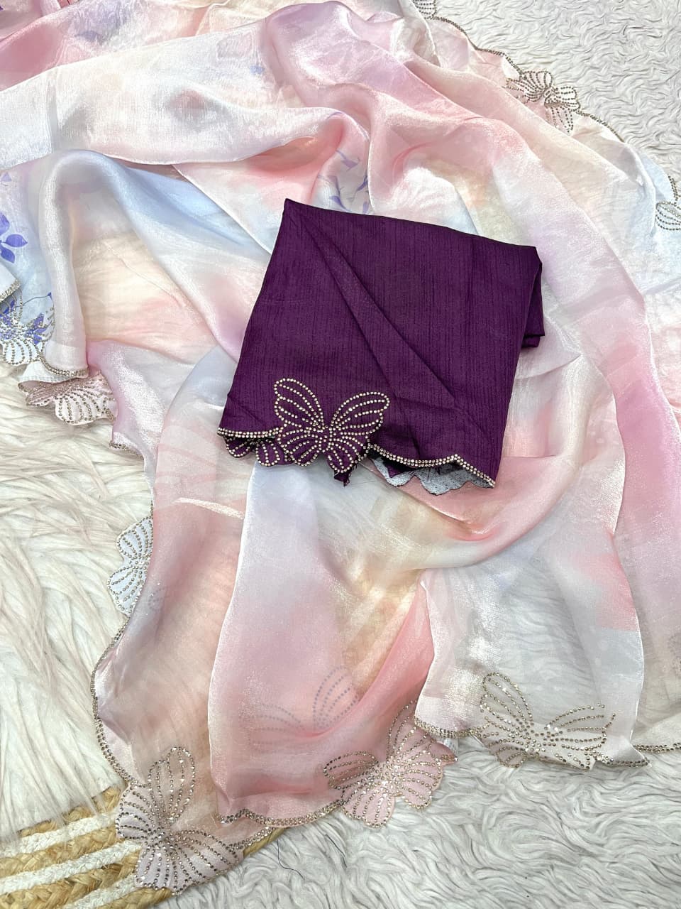 Beautiful Fendy Satin Saree with Beautiful Siroski Work
