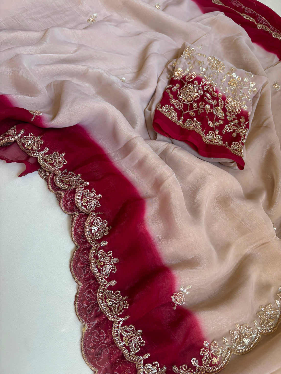 Elegant Fendy Satin Saree with beautiful sequence beats work Paired with unstitched 0.90 meter blouse piece