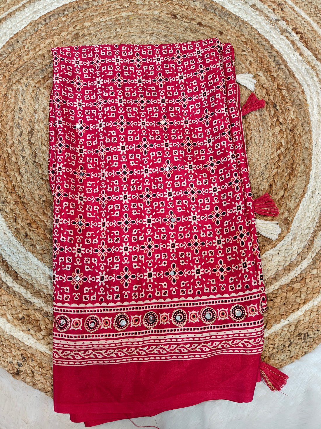 Premium Ajrakh Sarees with Mirror Work