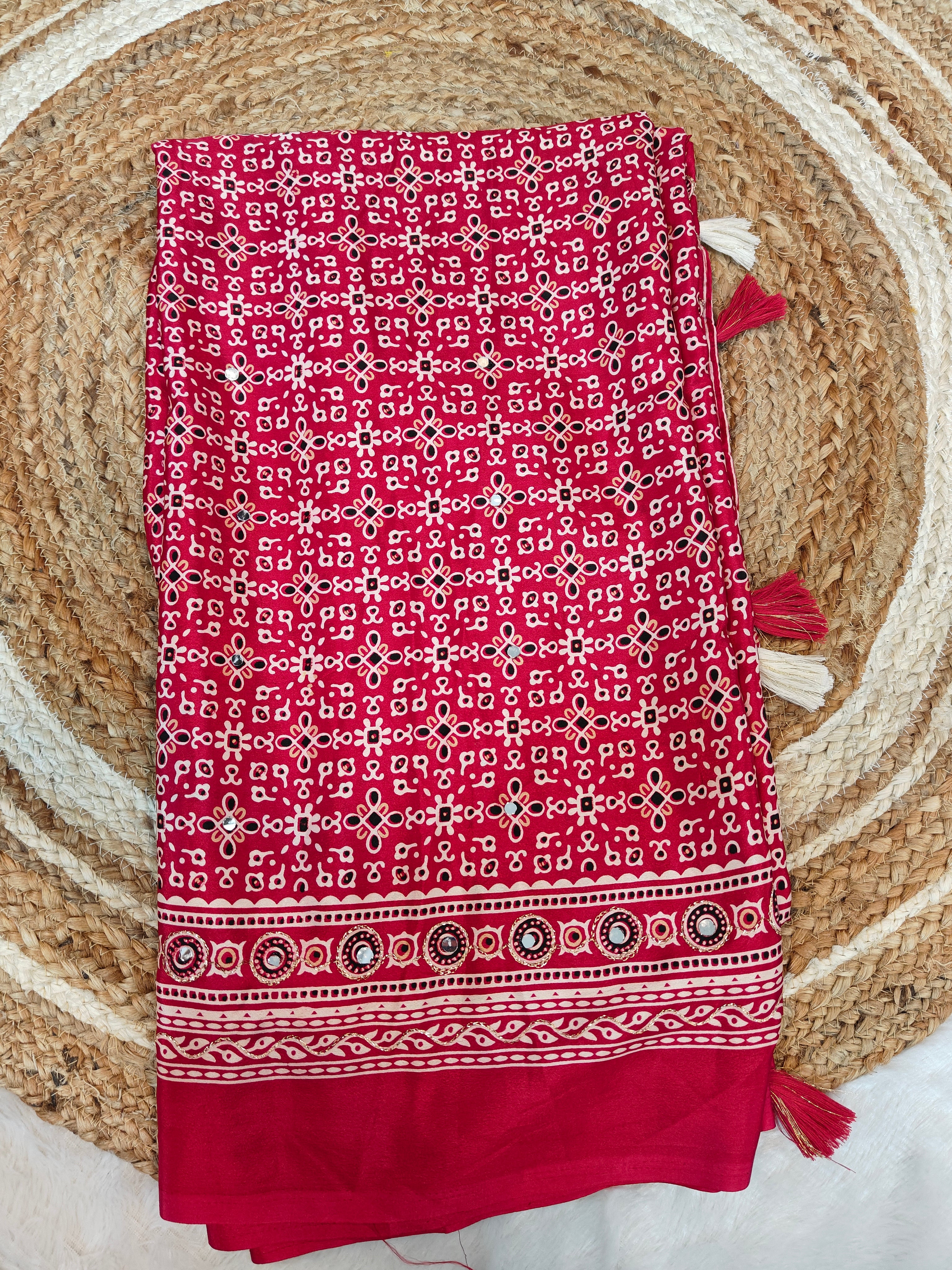 Premium Ajrakh Sarees with Mirror Work