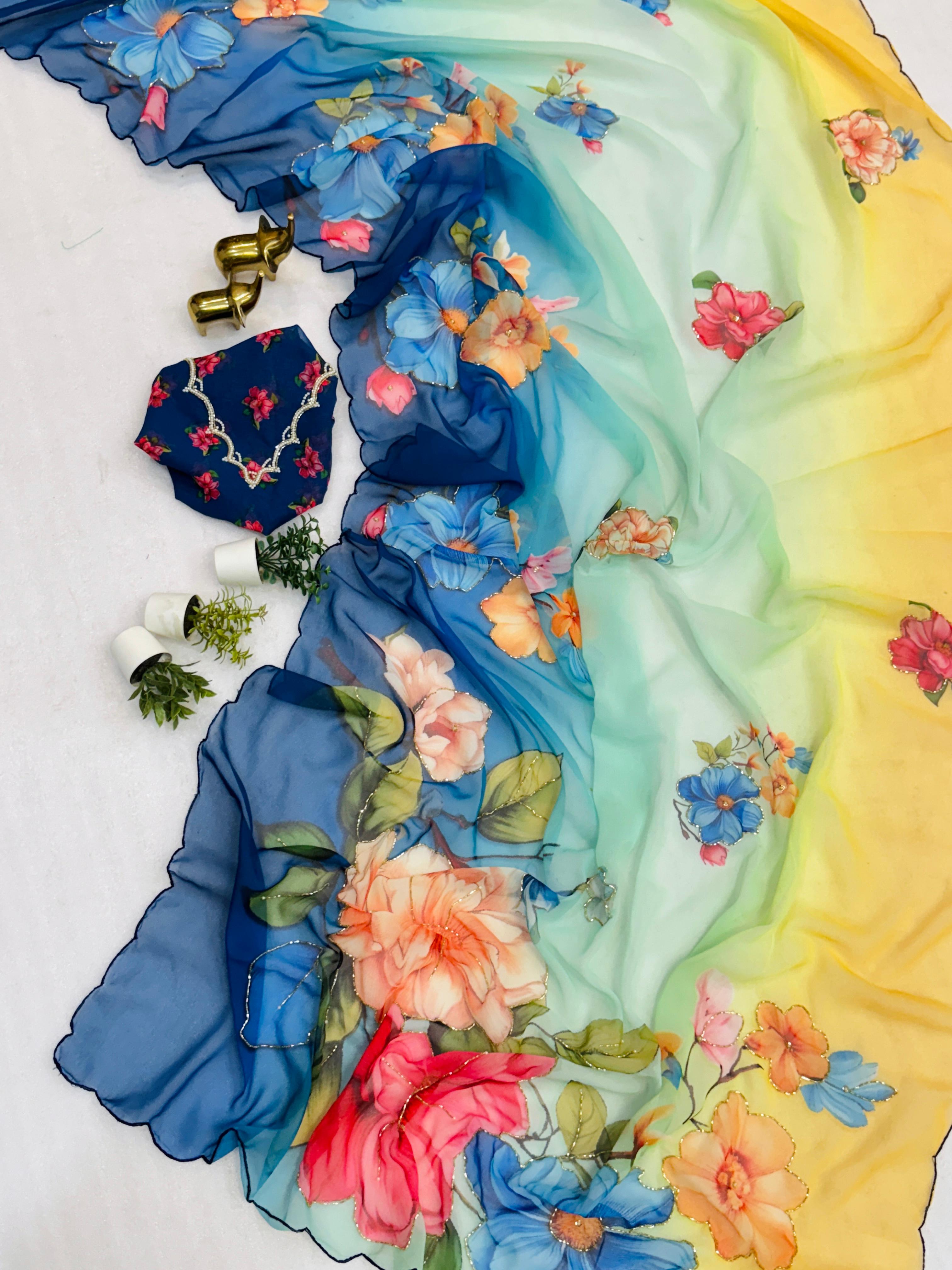 Chiffon Floral Digital Print with Beautiful Handwork and Arco Lace Border