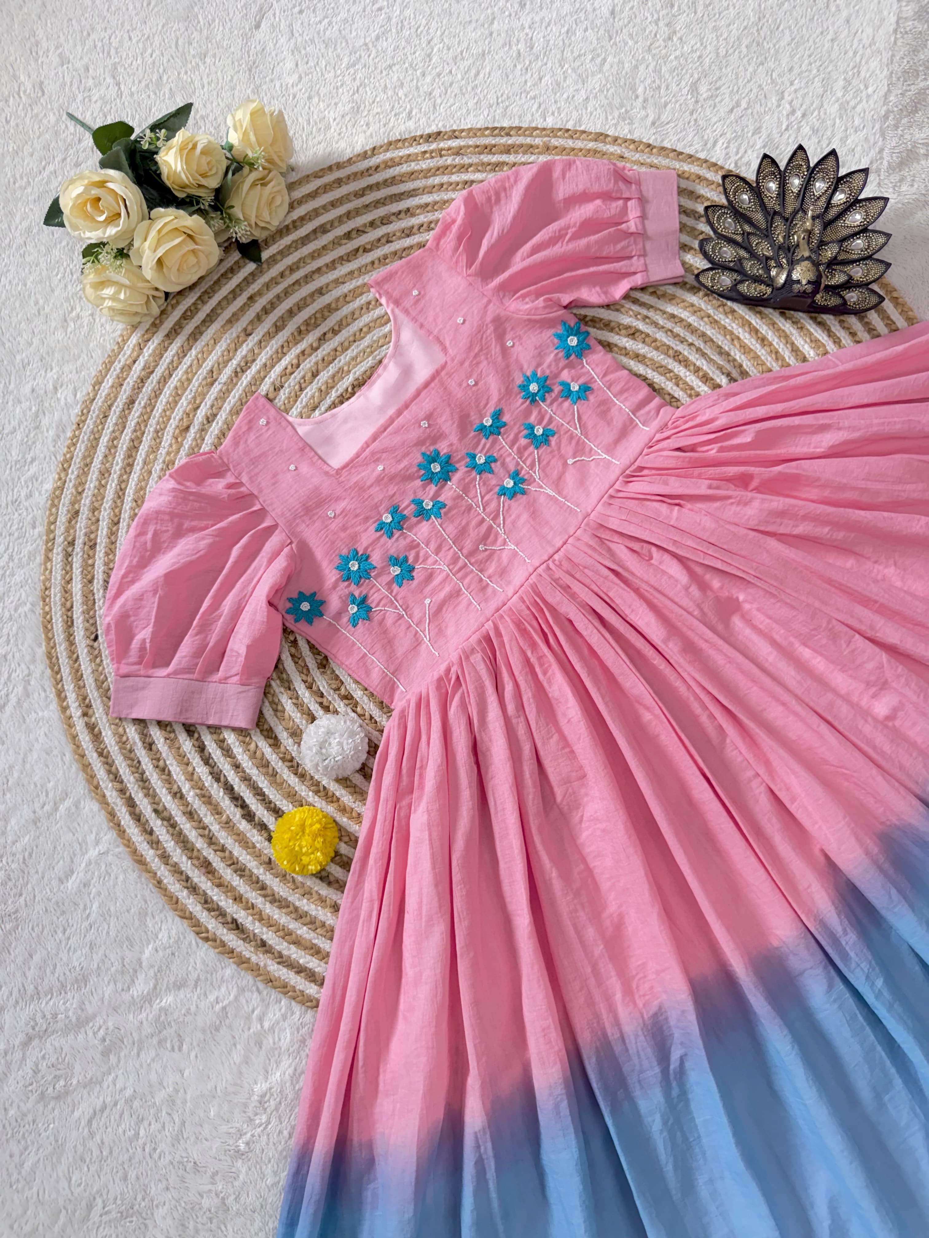 Designer Soft Mul Cotton with Pearls & Thread Handwork Gown Dress
