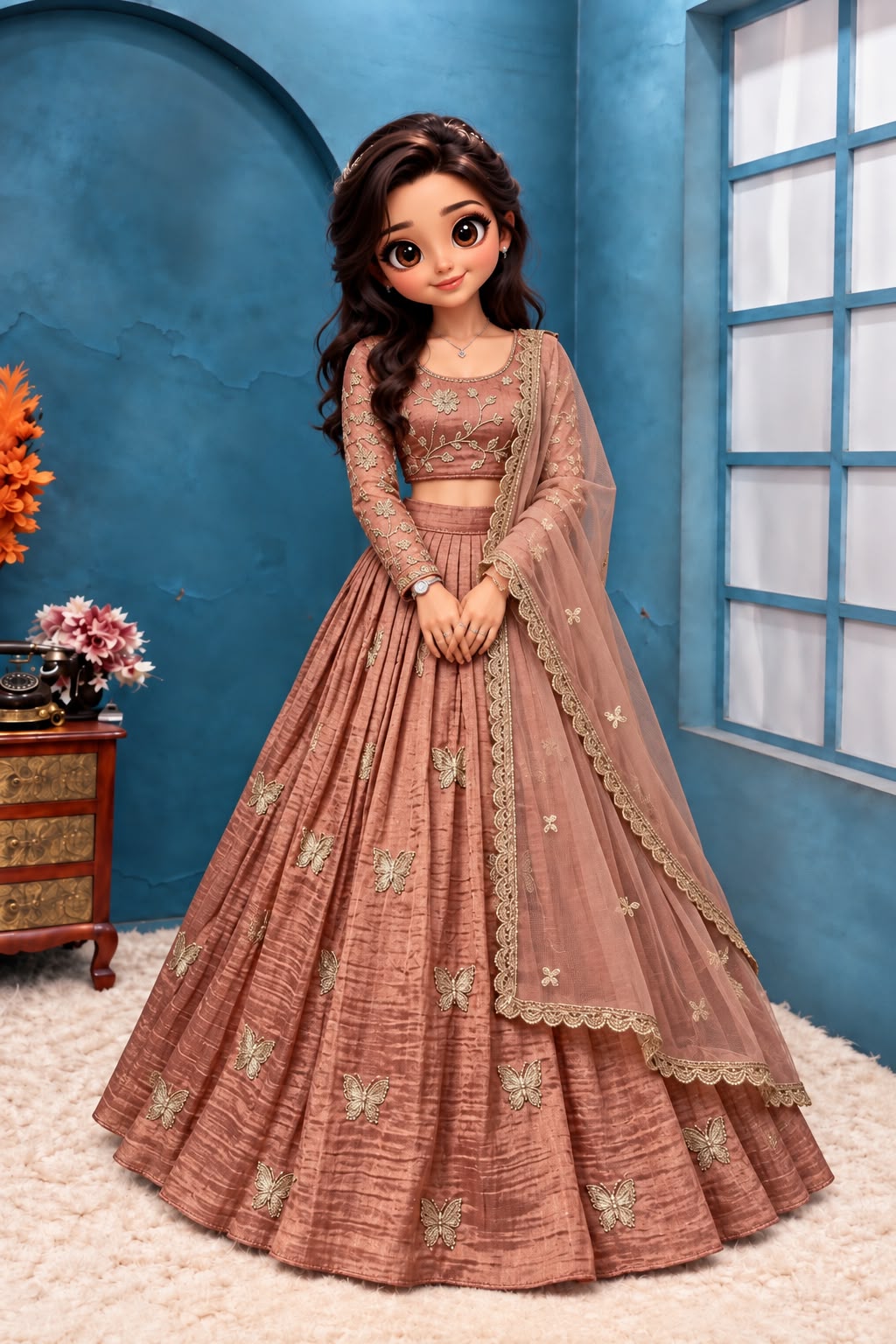 Premium Salsa Silk Fully Stitched Lehenga Set with Elegant Butterfly Maggam Embroidery