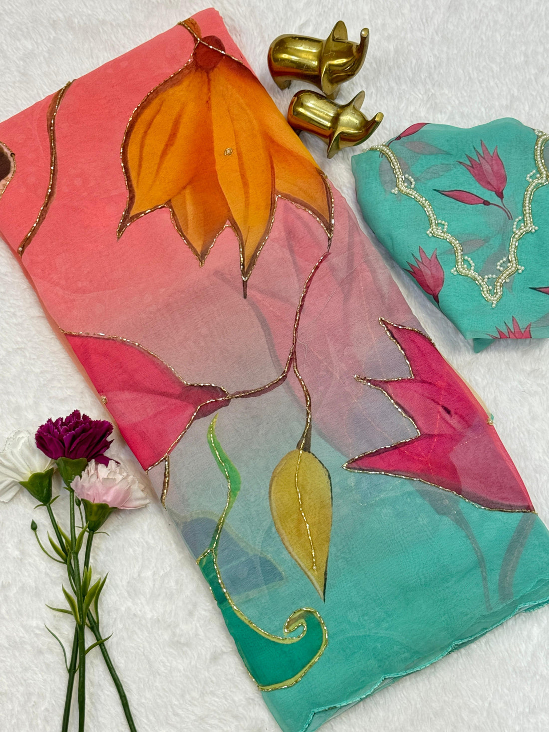 Smooth Chiffon Floral print with cutdana work