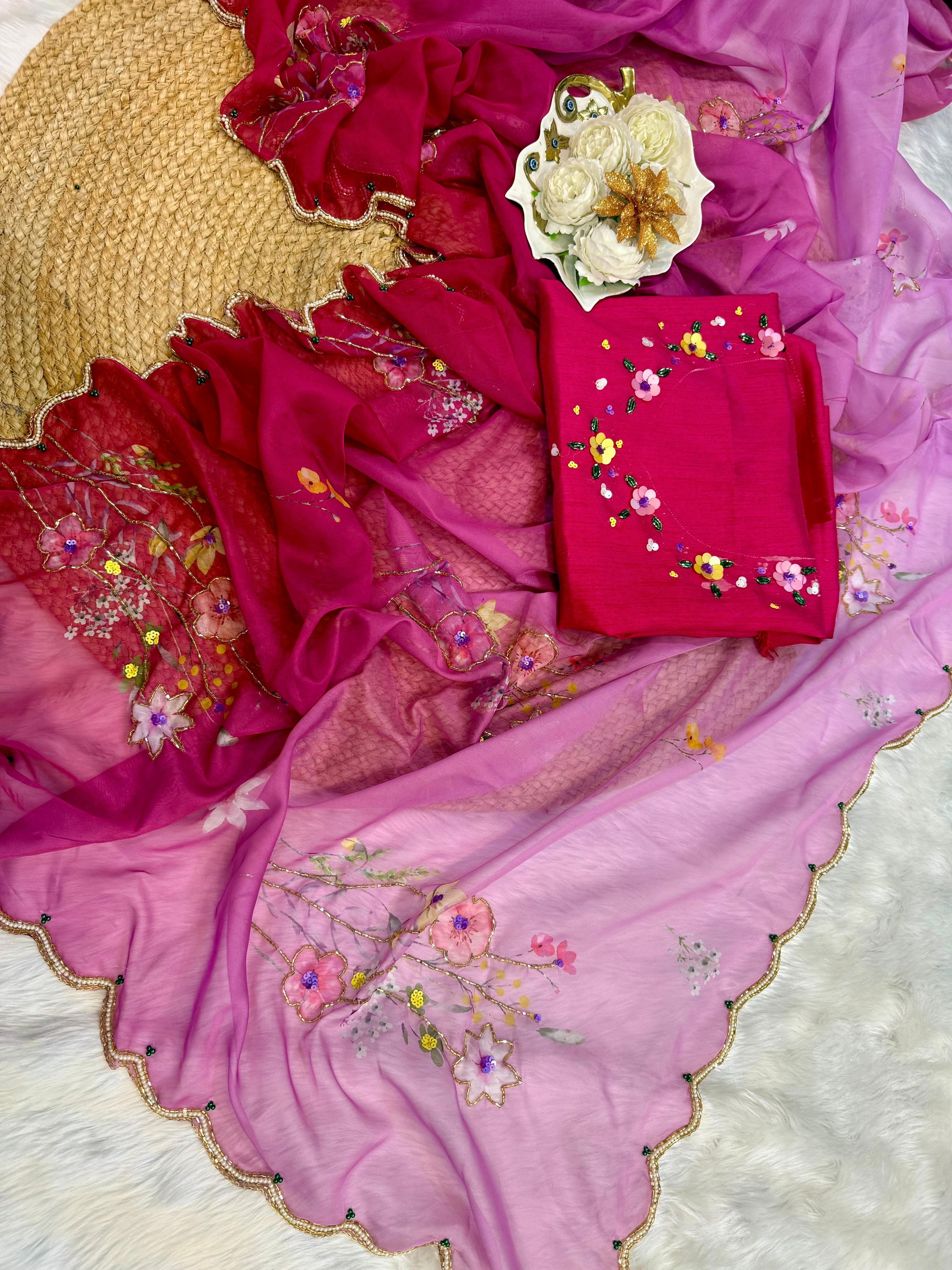 Pure Soft Tebby Silk Saree with Cutdana & Sequence Handwork