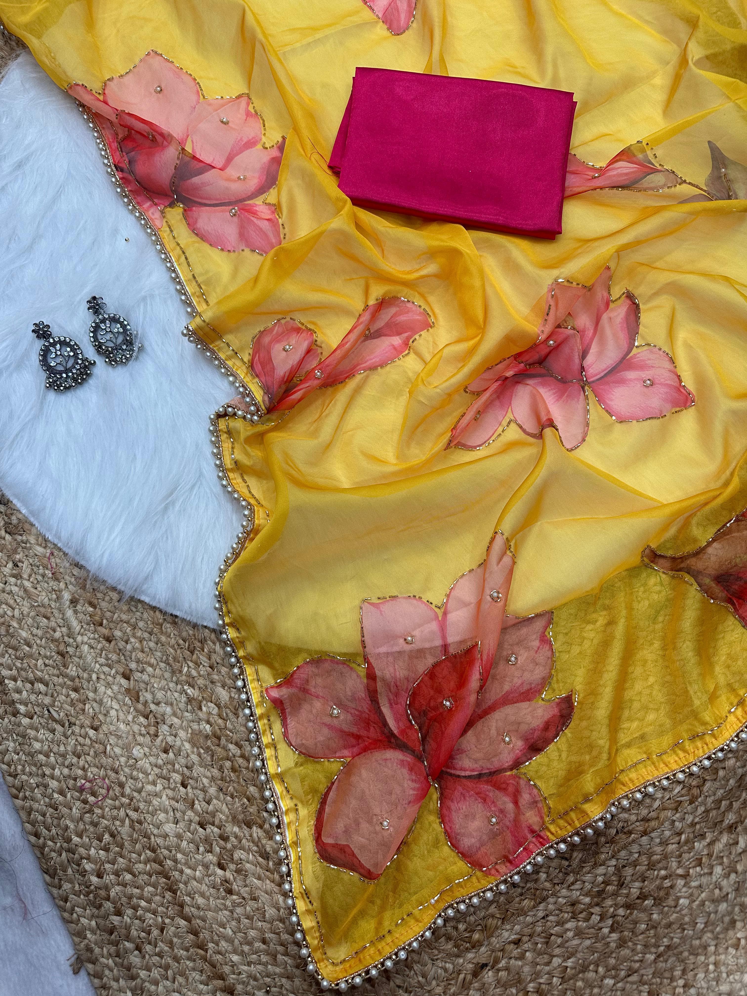 Georgette Silk with Designer Handwork Saree and Moti Lace Border