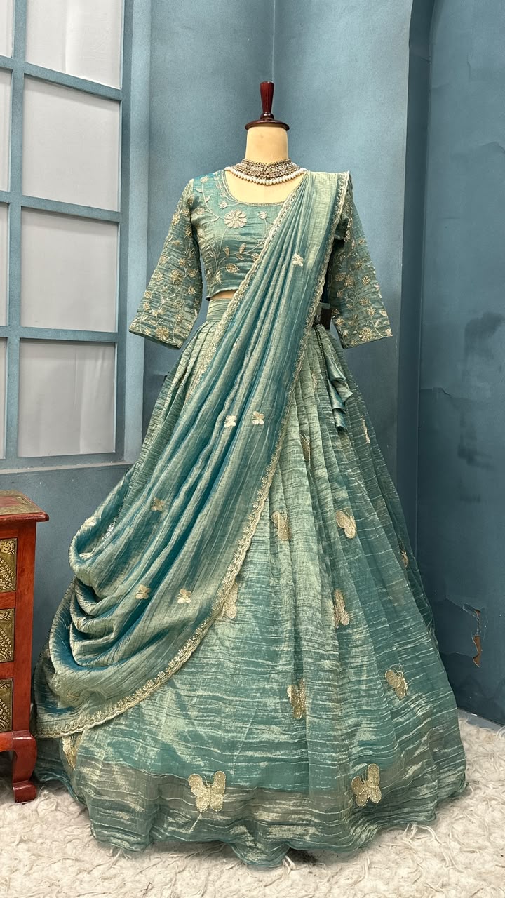 Premium Salsa Silk Fully Stitched Lehenga Set with Elegant Butterfly Maggam Embroidery