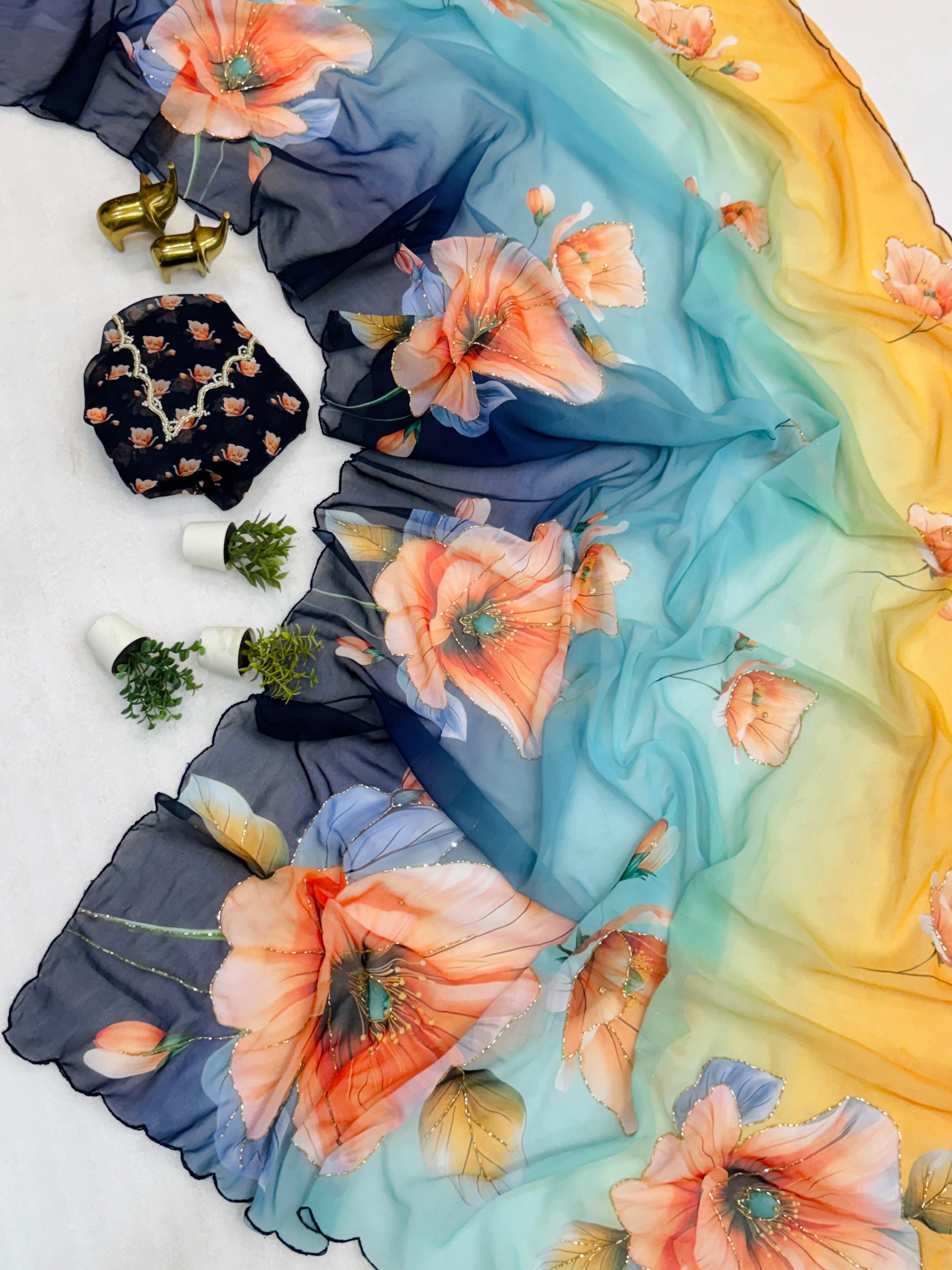 Chiffon Floral Digital Print with Beautiful Handwork and Arco Lace Border