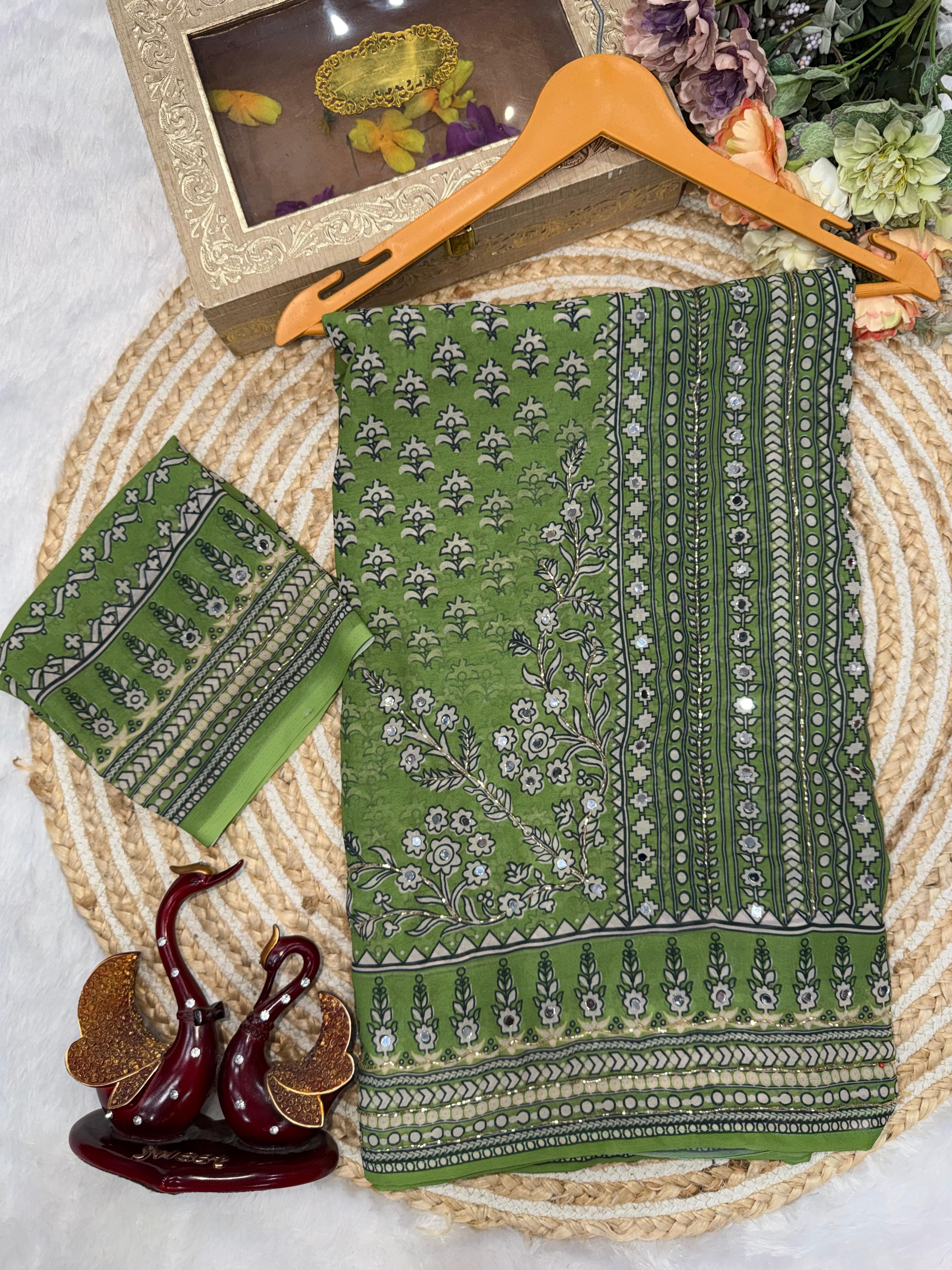 Ajrakh Designer Soft Fox Georgette Sarees with Cutdana and Mirror Work