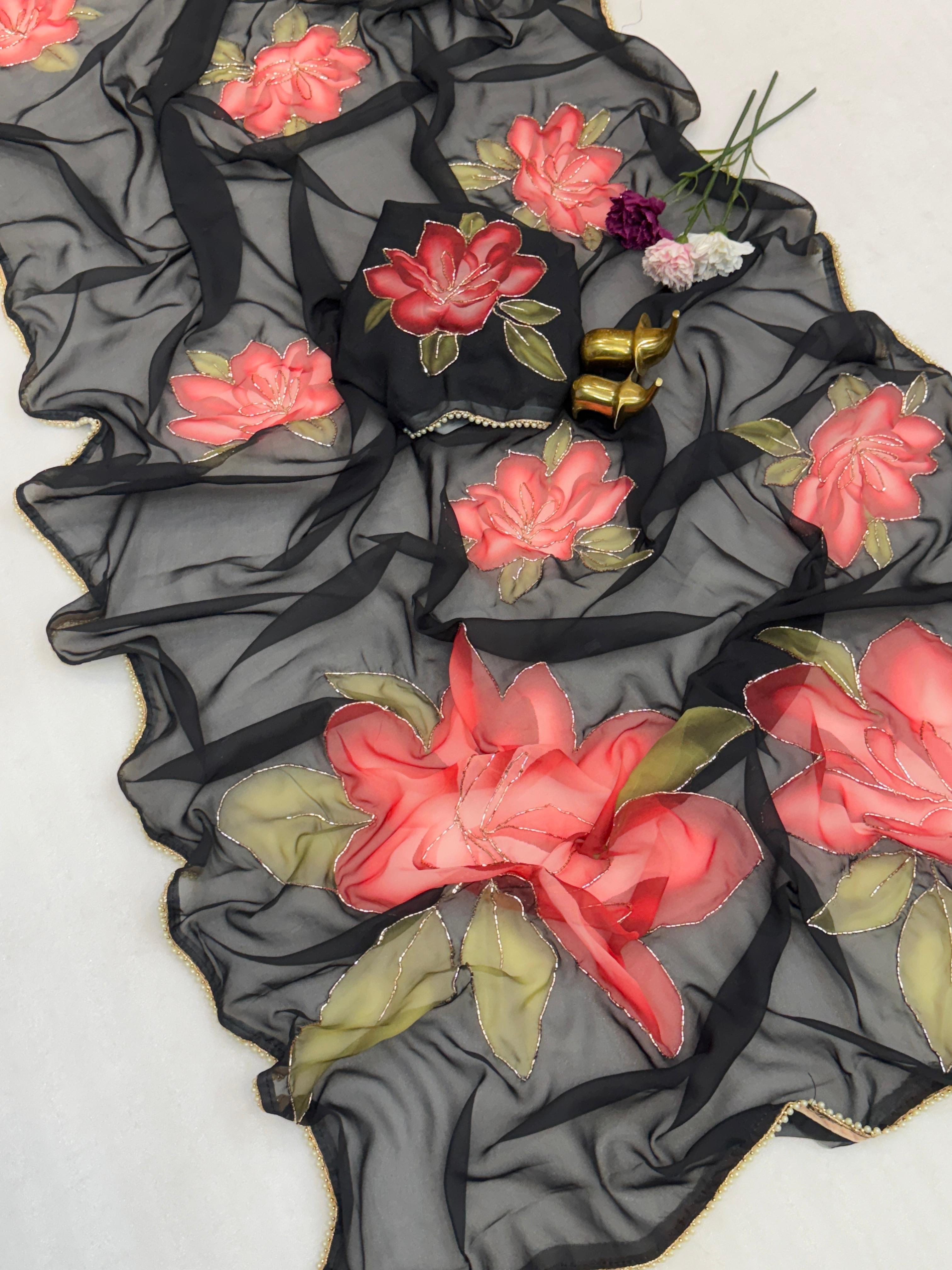 chiffon floral saree with cutwork and lace border