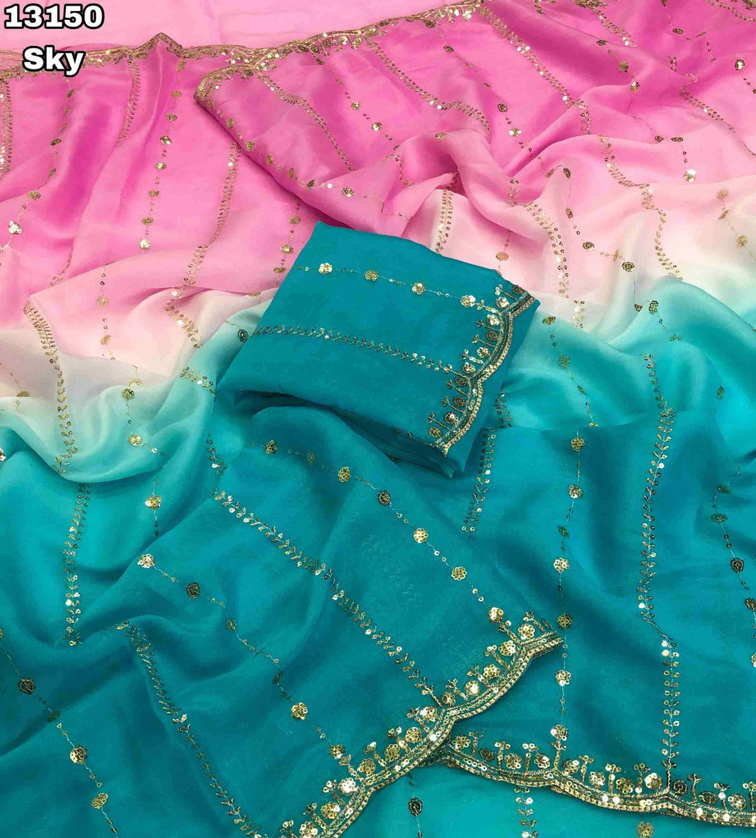 Star Georgette Pedding Sarees With Embroidery & Sequence Work With Scalloped Cutwork Border