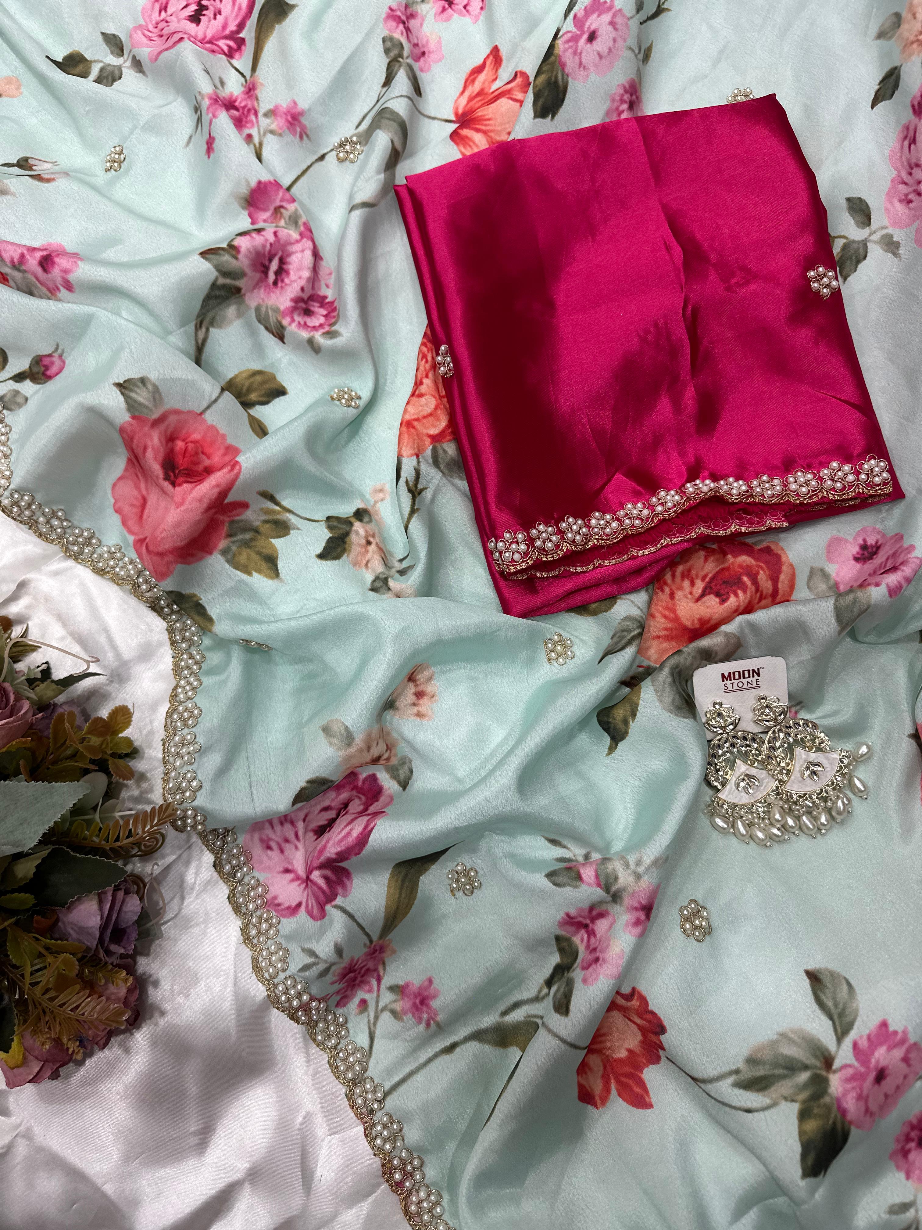 Chinnon Saree with Floral Designs & Moti Work