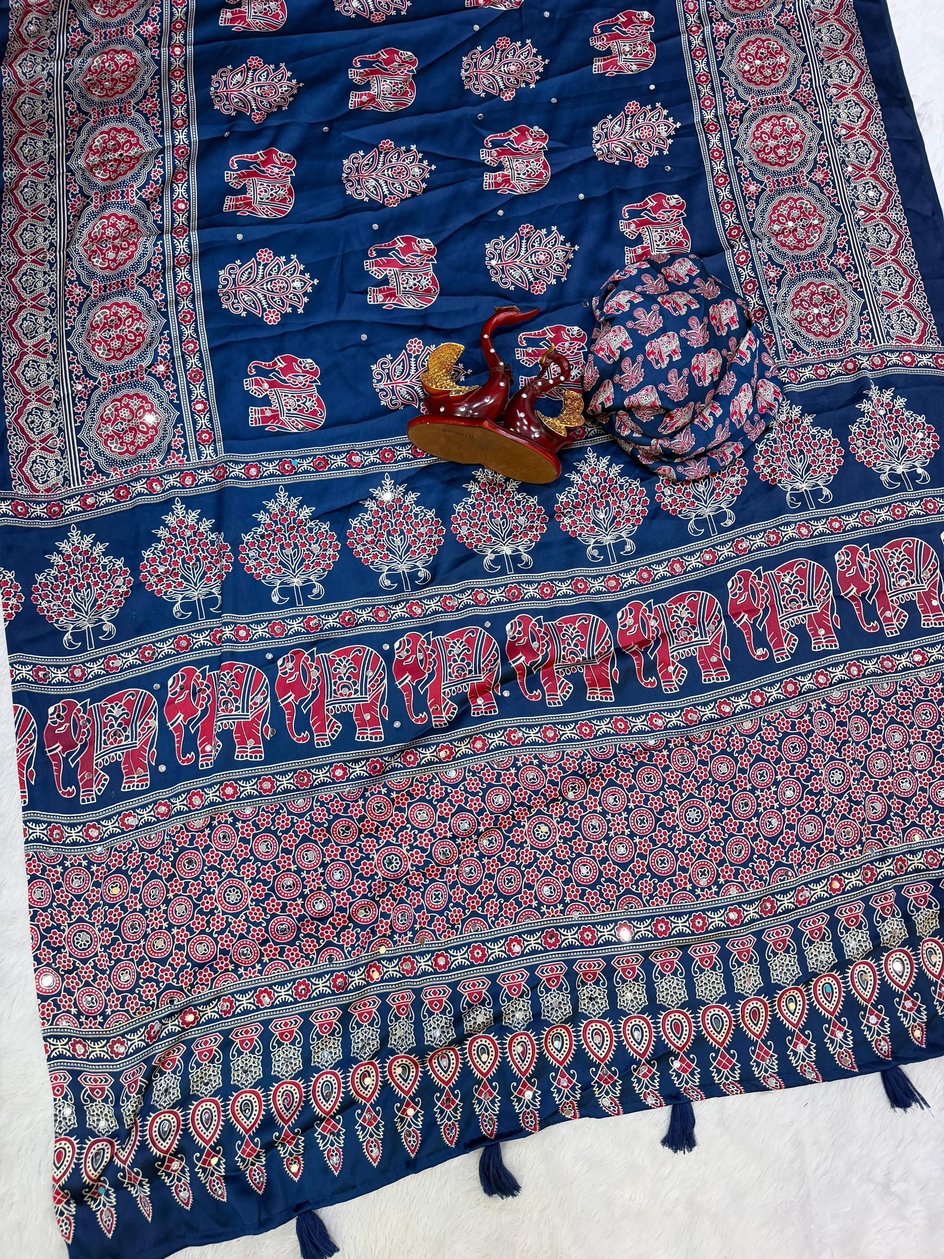 Beautiful Ajrakh Print with Real Mirror Work and Latkan