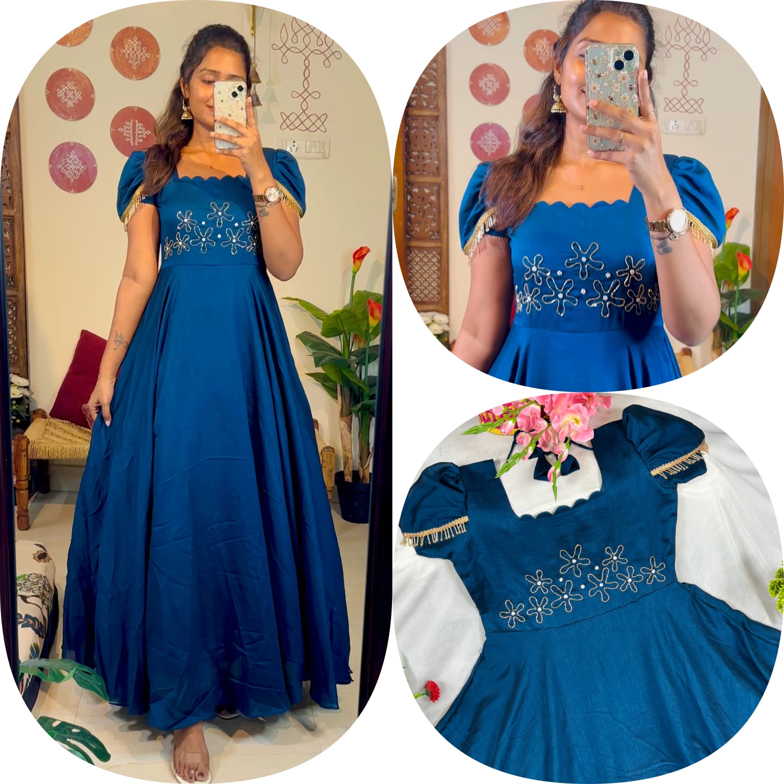 Upto 3XL- Vichitra Blooming Floor length Gown handwork in wrist and scallop neck double sleeves with hanging lace