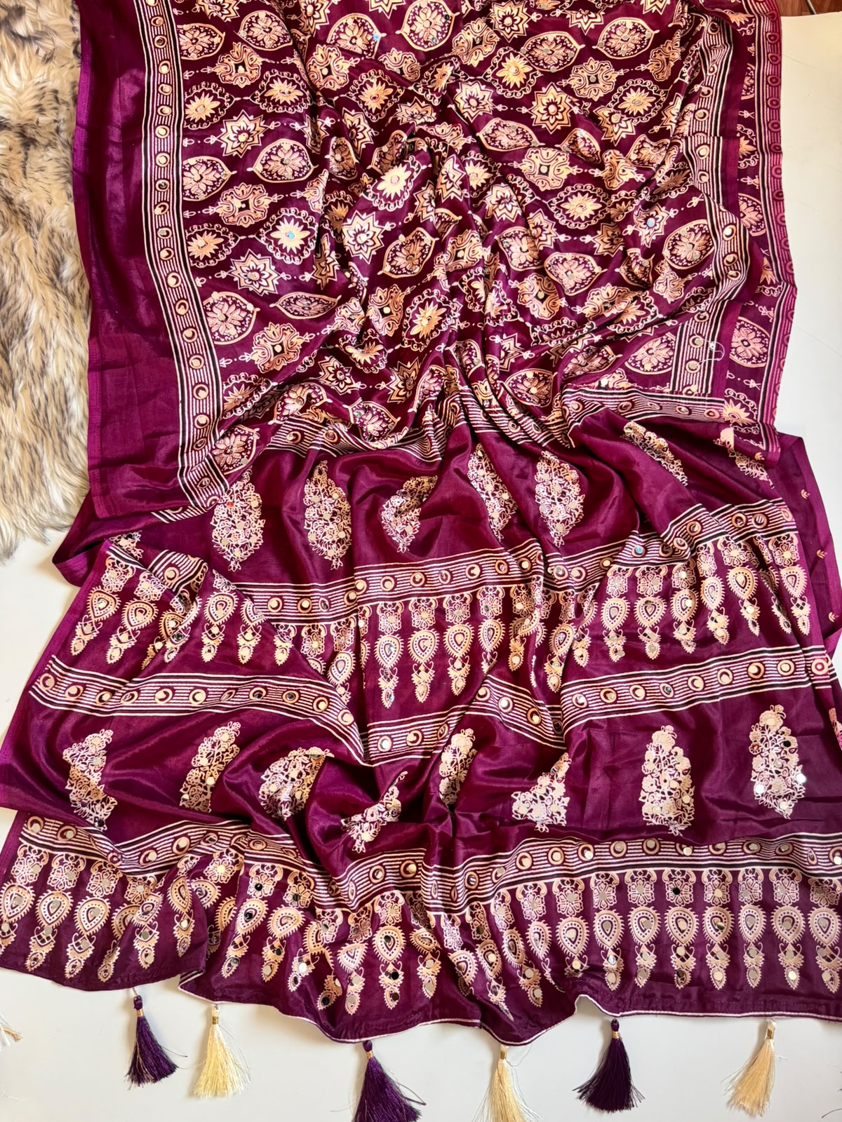 Ajrakh Sarees with Mirror Work