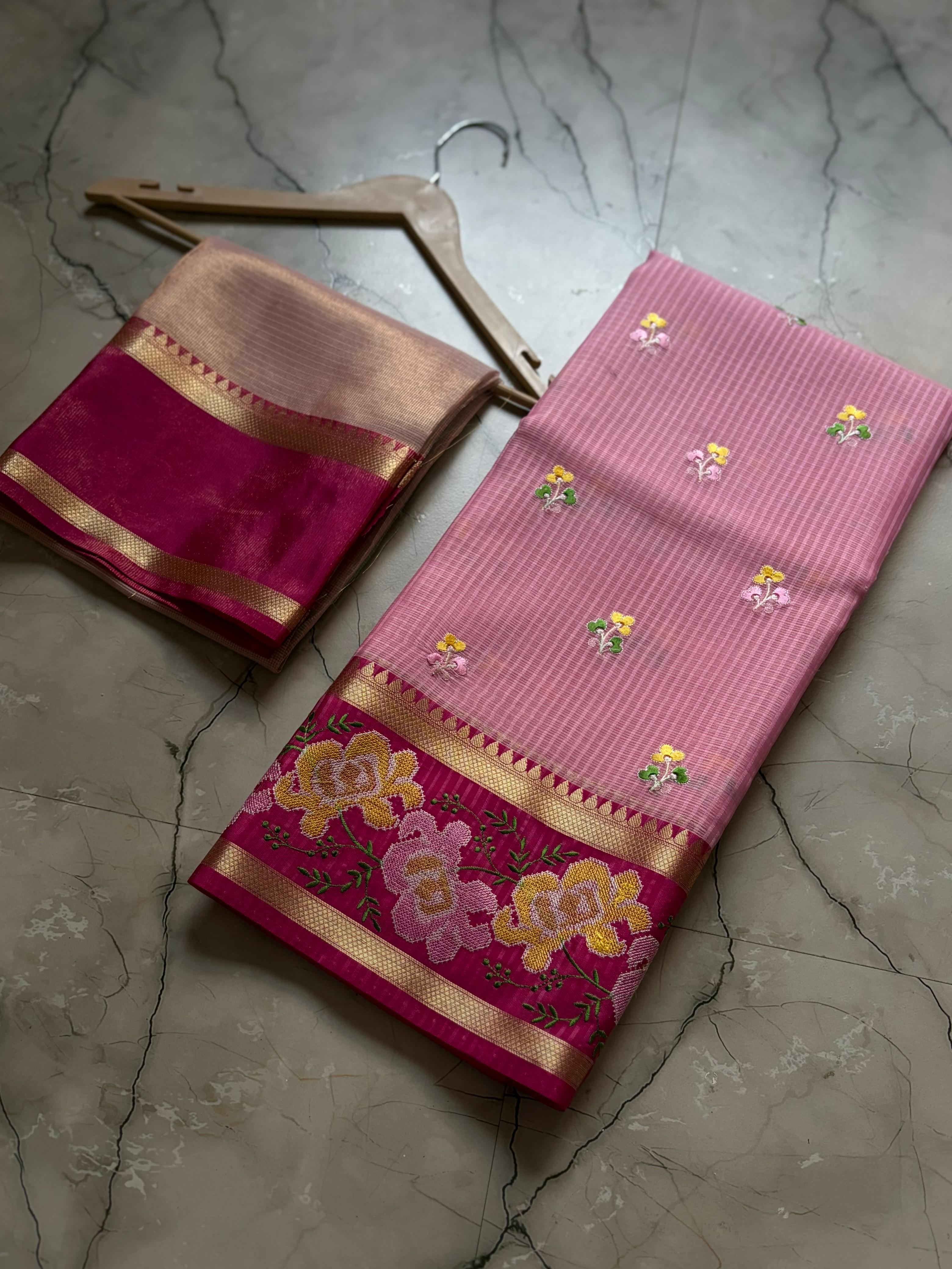Banarasi Embroidery Pink Border Designer Kota Checks Sarees