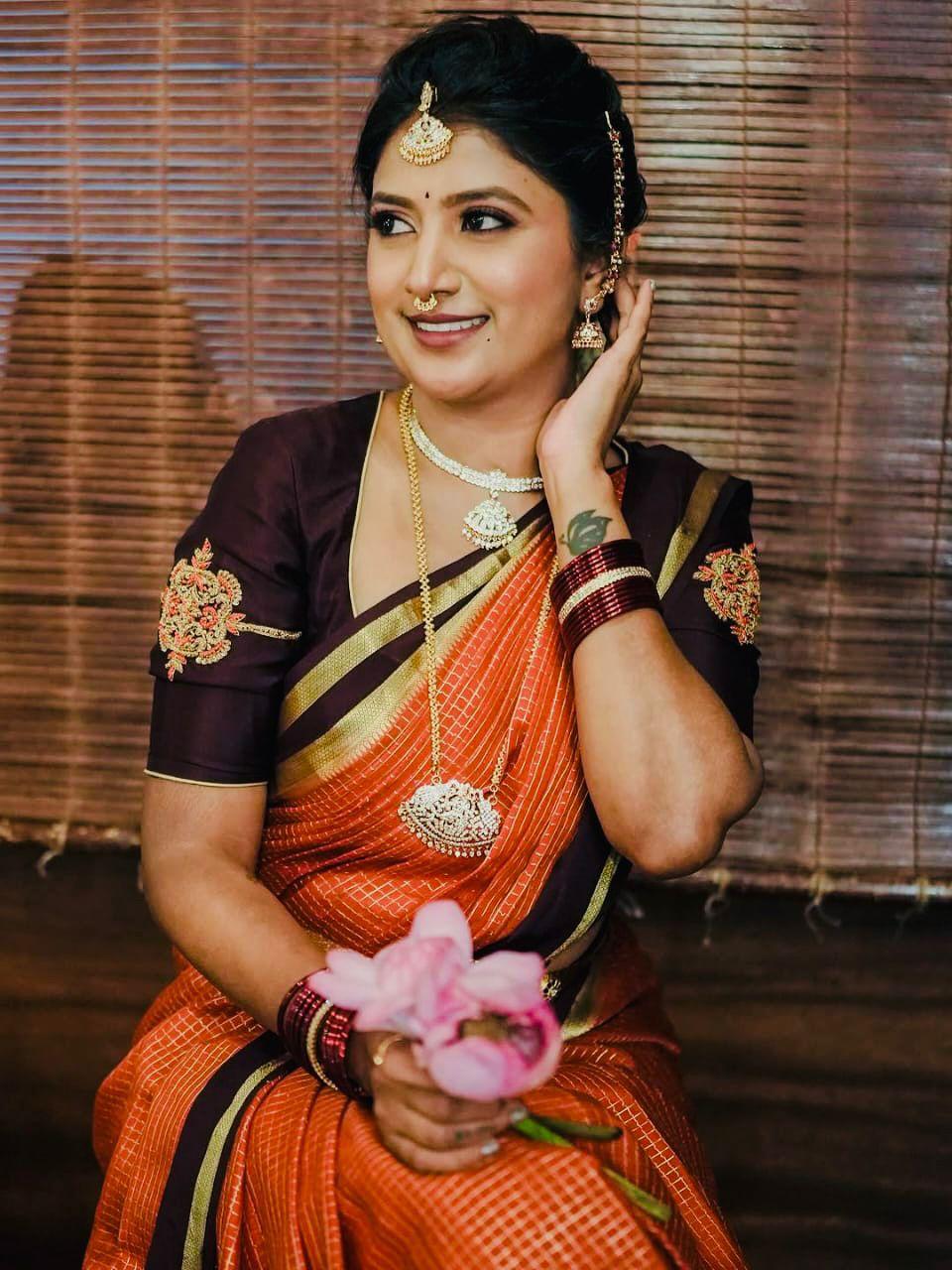 Vintage Banarasi Saree with Checks, Orange and Brown Border