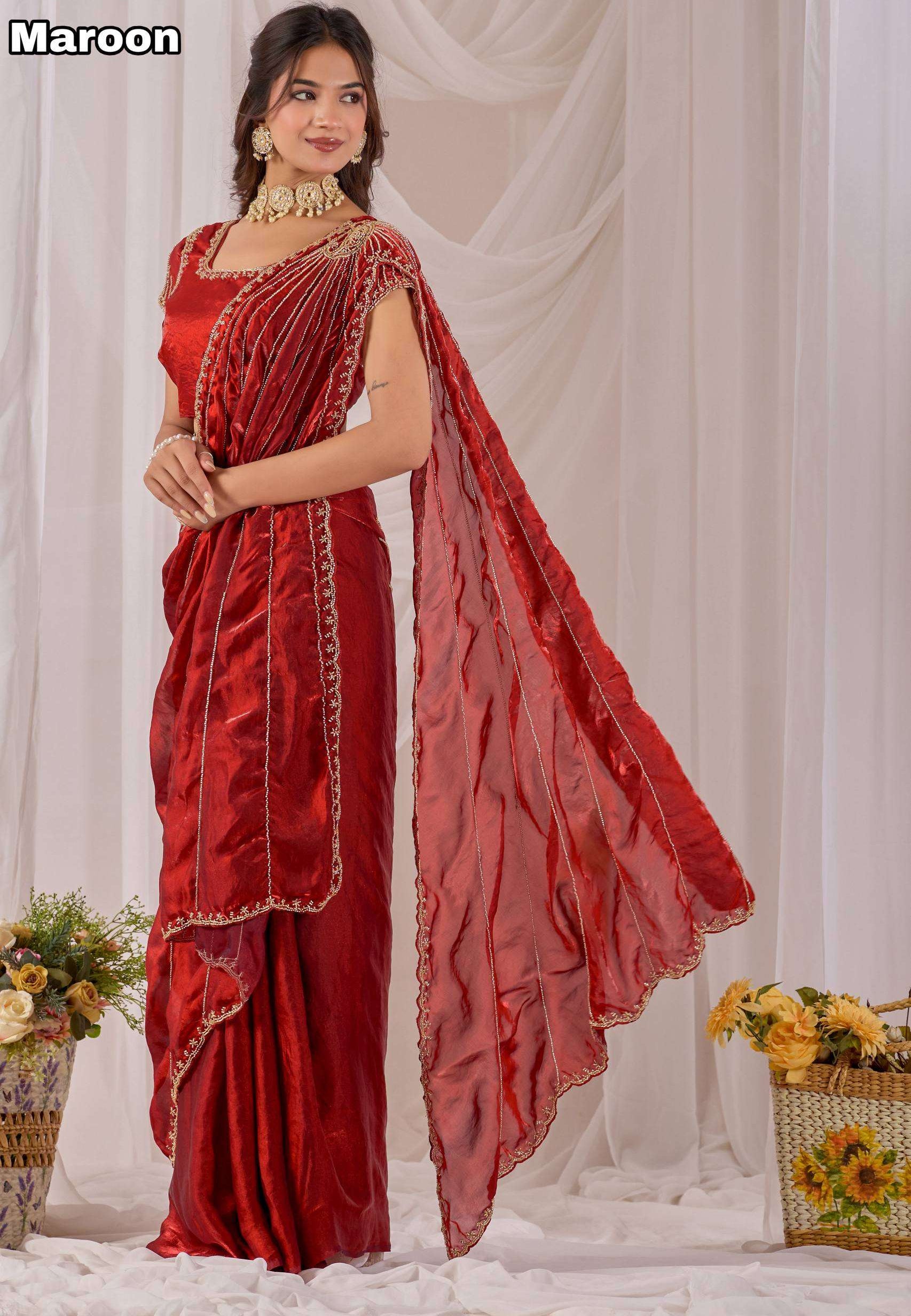 Space Silk Sarees with Cutdana Handwork & Maggam Work