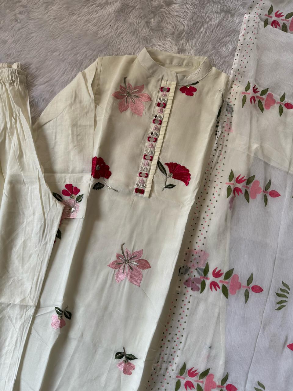 Cream Premium Designer Kurti Set