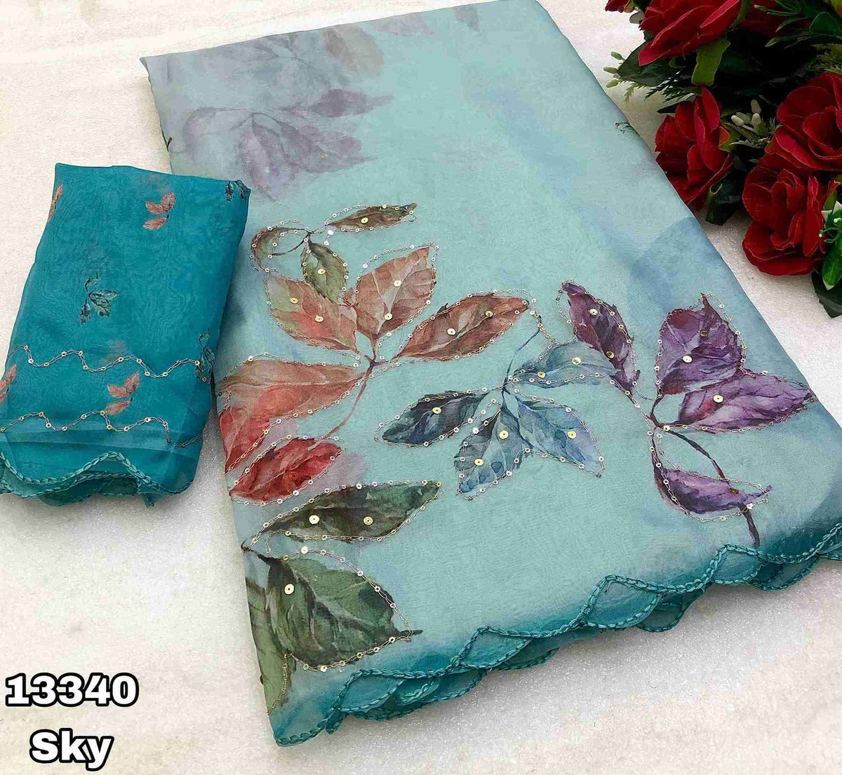 Tebby Organza Floral Leaf Design With Embroidery & Sequence Work & Scalloped Cutwork Border