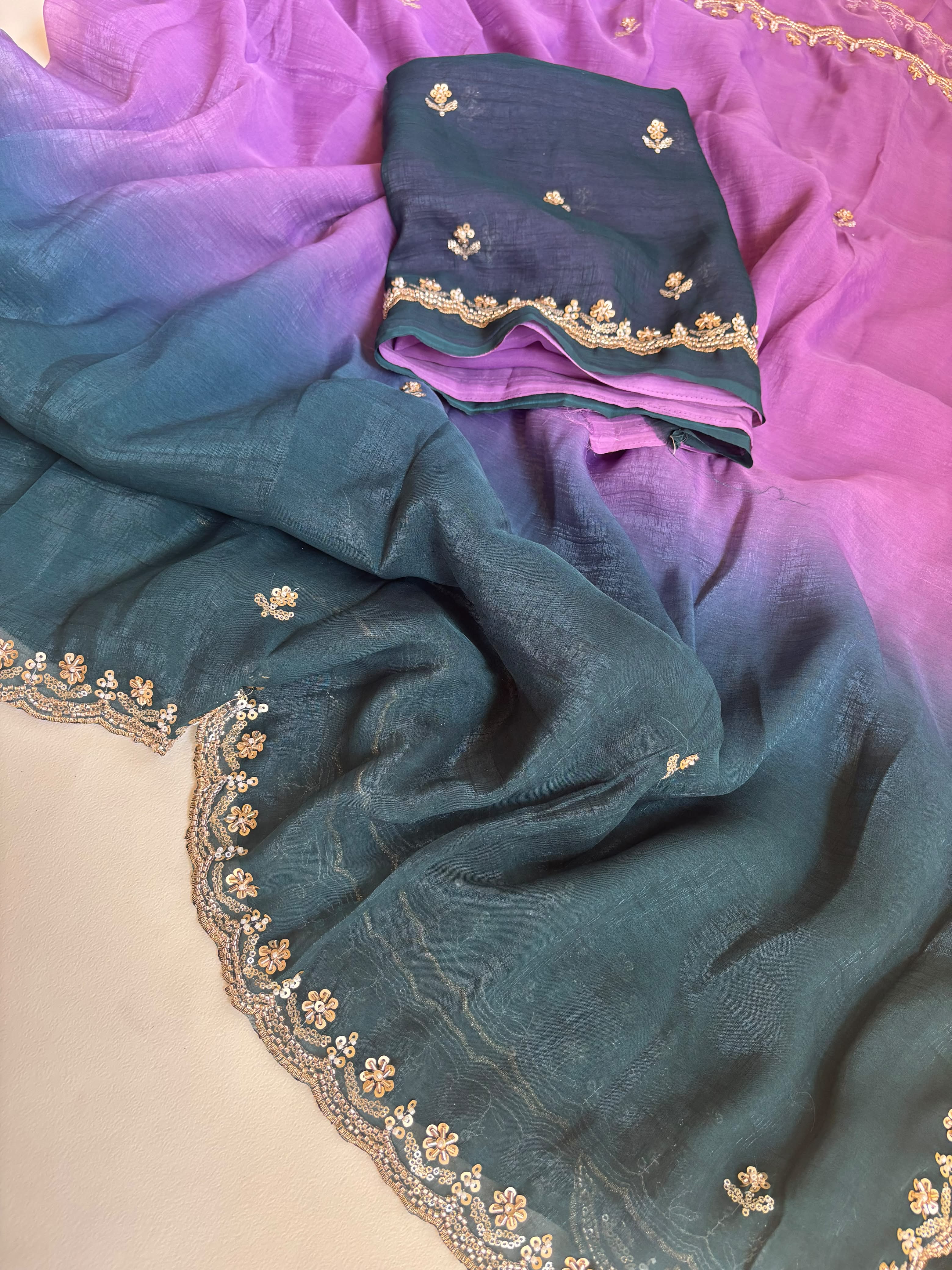 Elegant Fendy Satin Saree with beautiful sequence beats work Paired with unstitched 0.90 meter blouse piece
