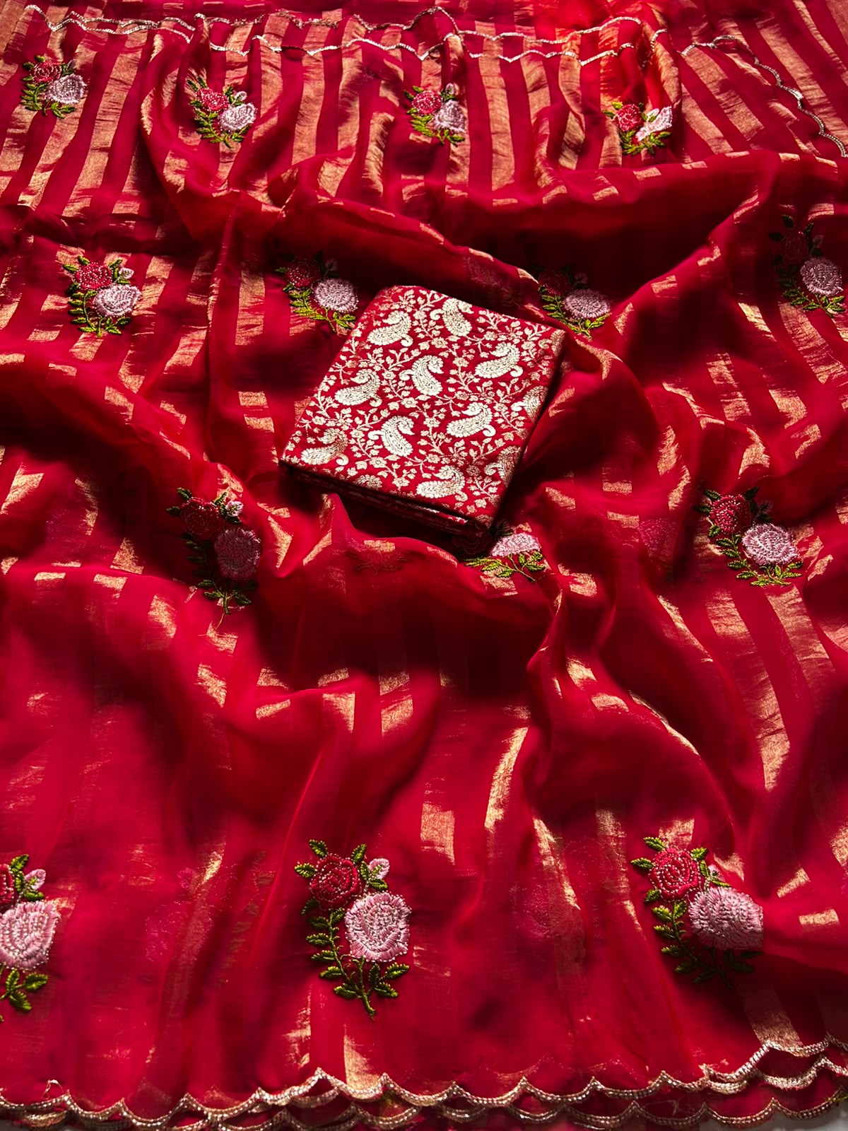 Fabric Sufi Crush Sarees with Embroidery Work all over and saree less border with beautiful cut work border