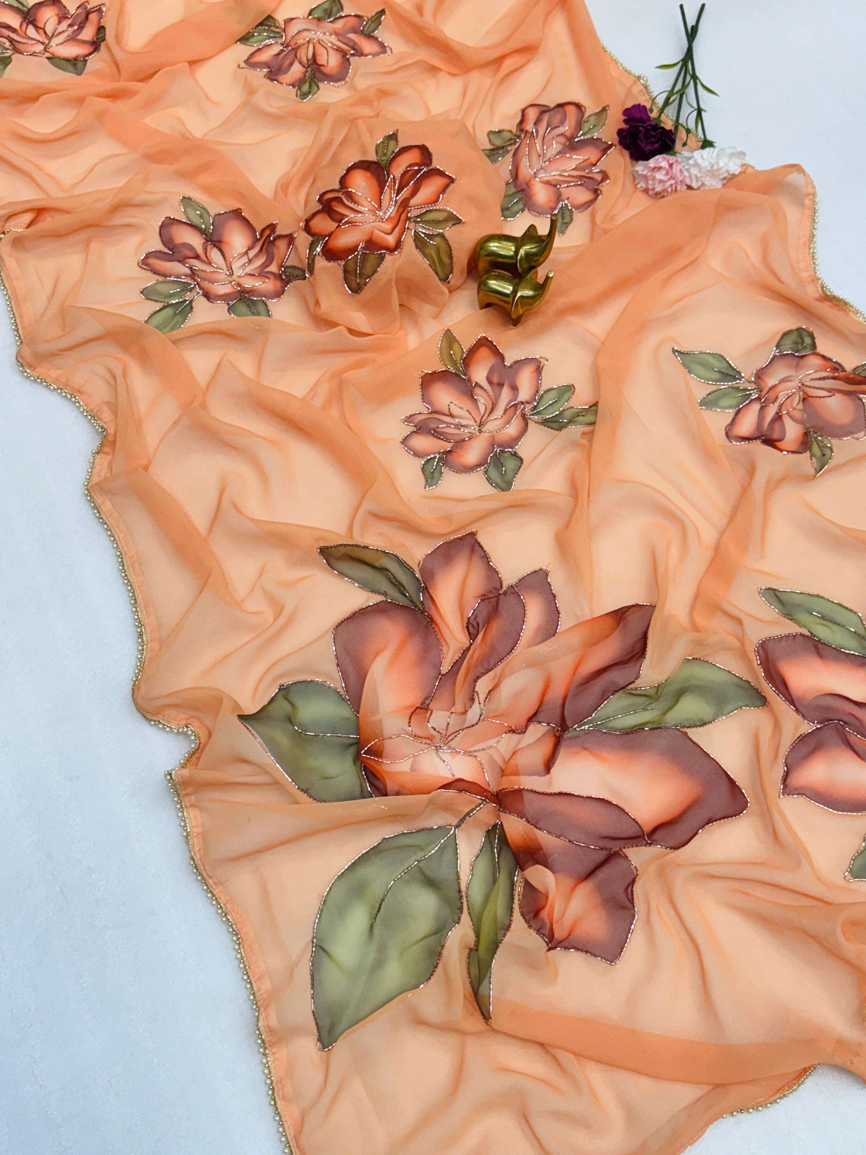chiffon floral saree with cutwork and lace border