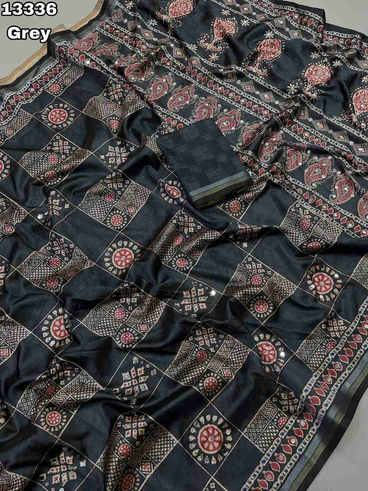 Soft & Smooth Silk Crape Ajrakh Design Digital Print With Original Mirror Work & Zari Weaving Borde