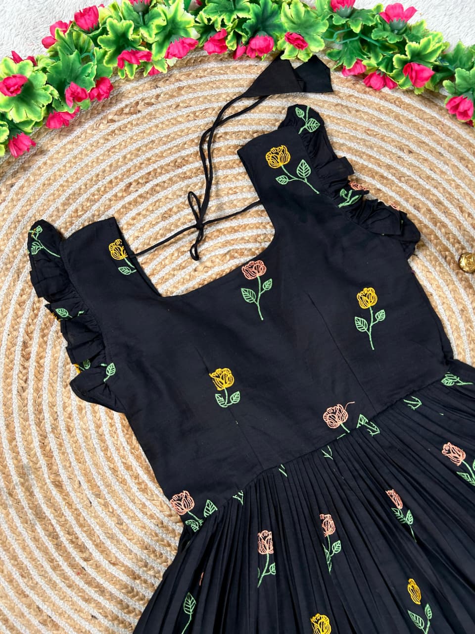 Soft Cotton Black Flower Gown