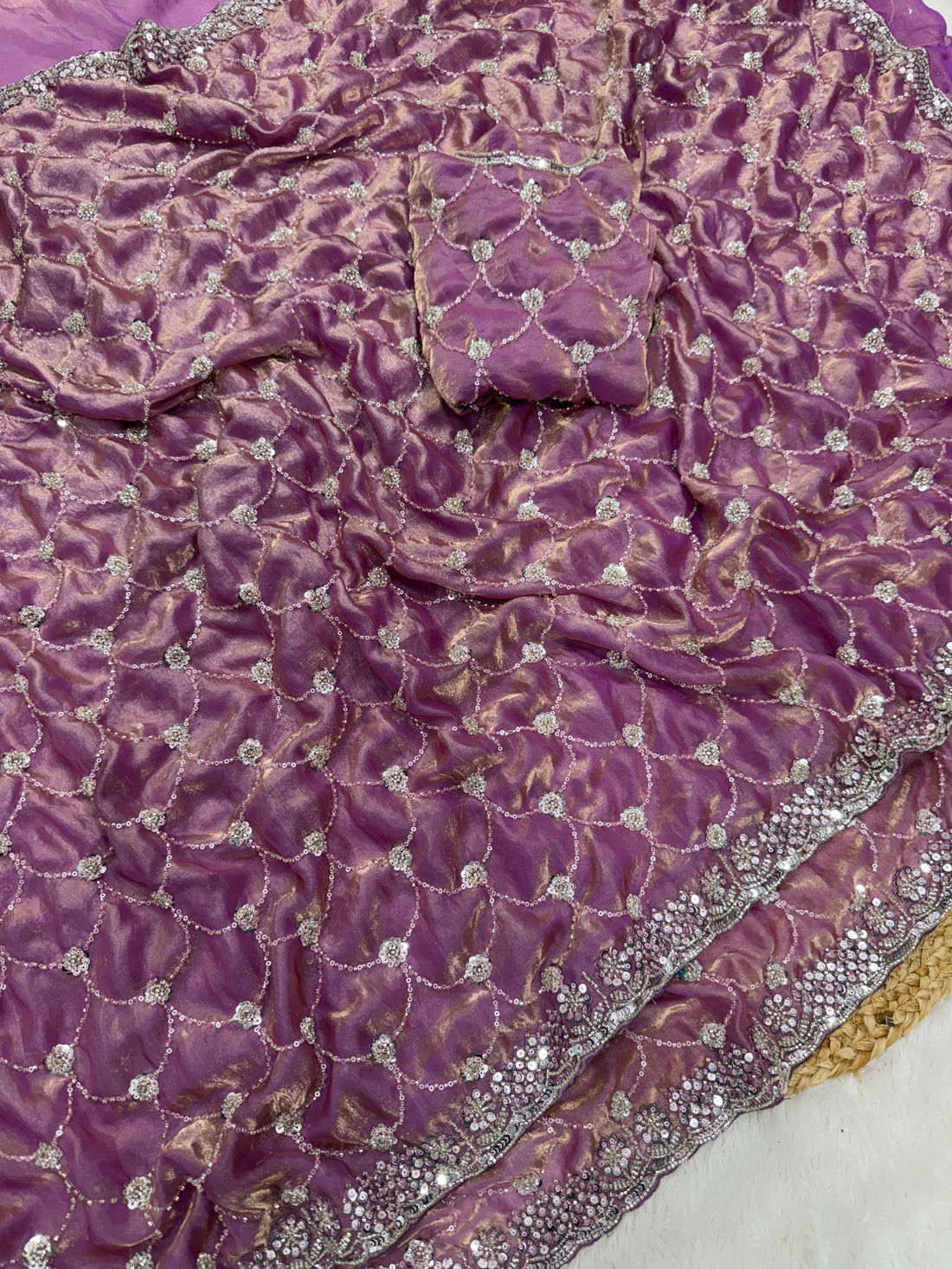 Premium Soft Space Sattin Dual Shad Saree Beeds Tone To Tone Work Saree With Running Blouse