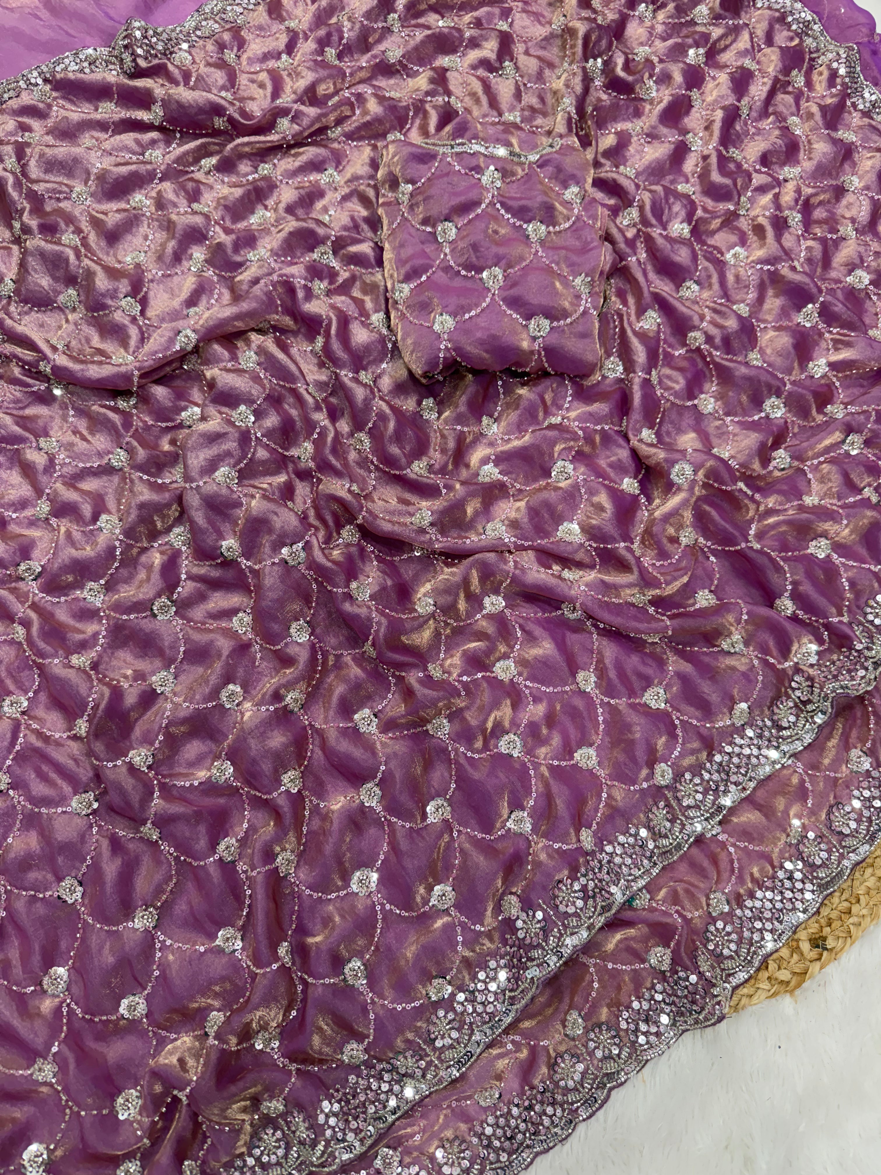 Premium Soft Space Sattin Dual Shad Saree Beeds Tone To Tone Work Saree With Running Blouse