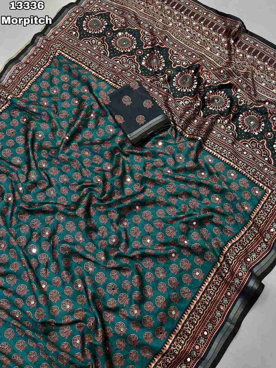 Soft & Smooth Silk Crape Ajrakh Design Digital Print With Original Mirror Work & Zari Weaving Borde