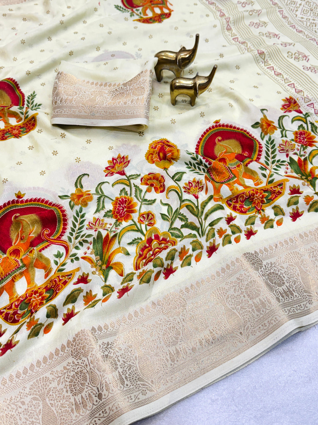 MASSMELLO SELF JEQURED SAREE HEAVY JEQ BORDER KALMKARI PRINT SAREE 