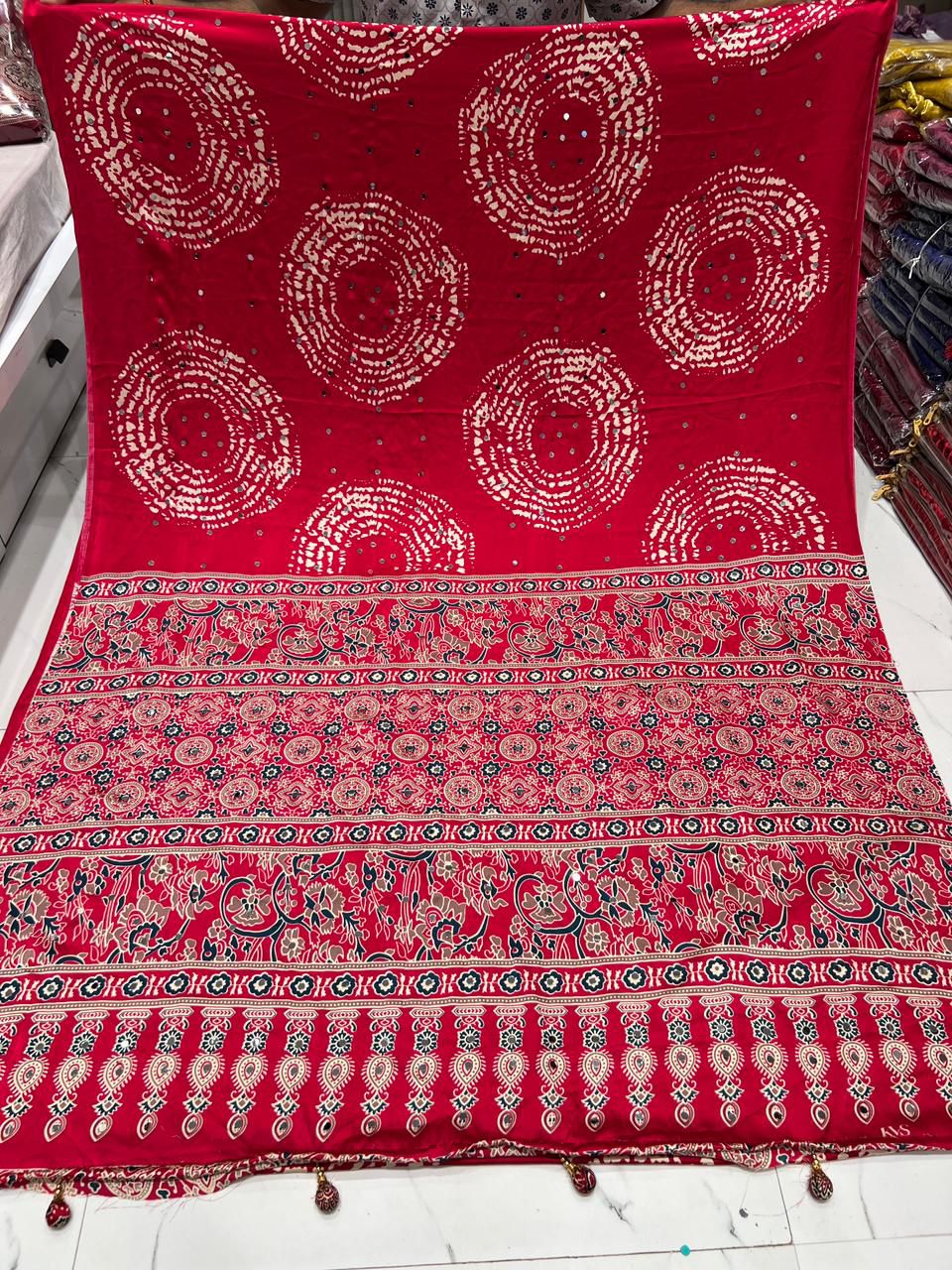Ajrakh real mirror work sarees