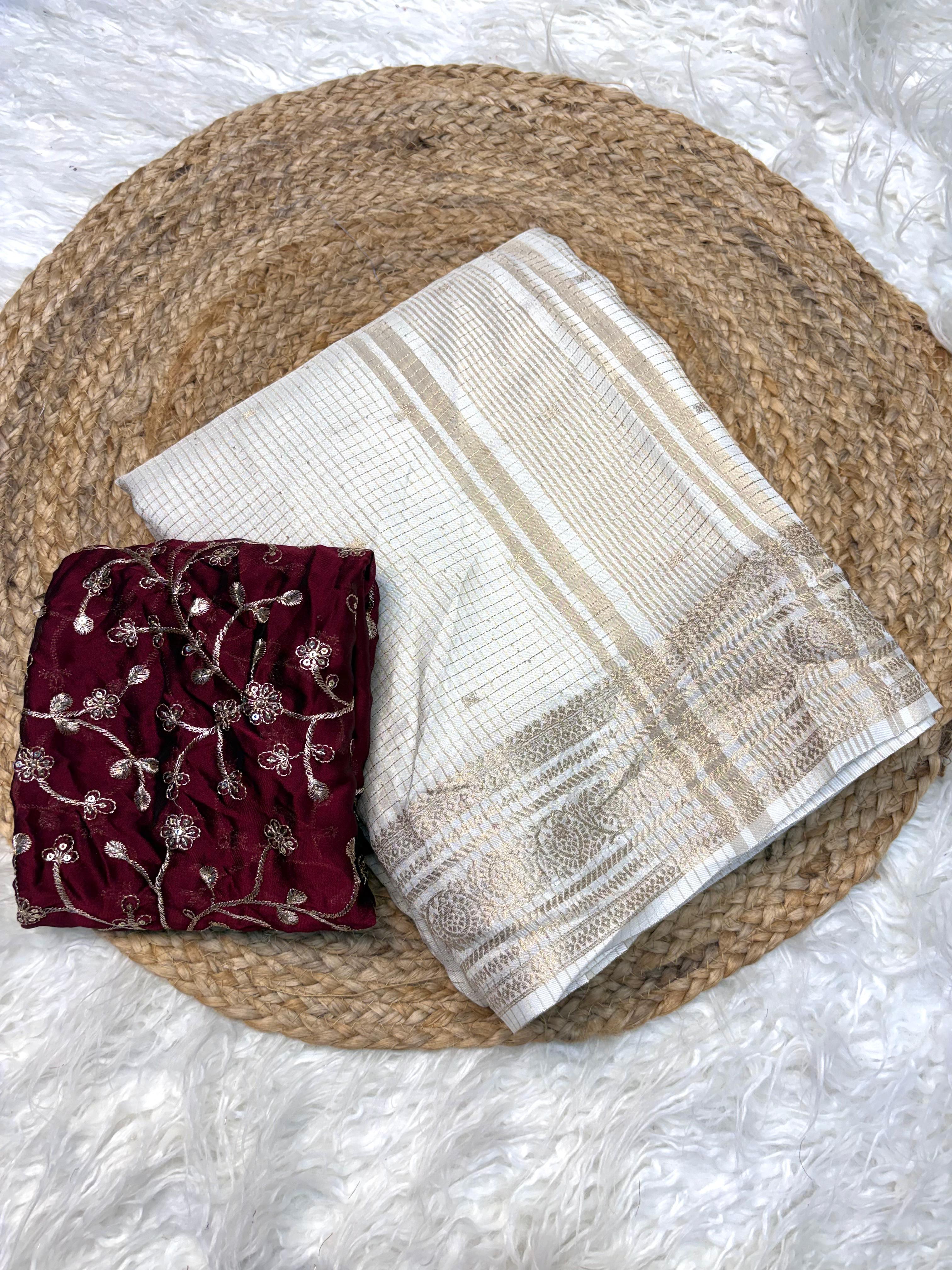 Pure Viscose Russian Dola Jacquard with small Chex & Embroidery Work Blouse